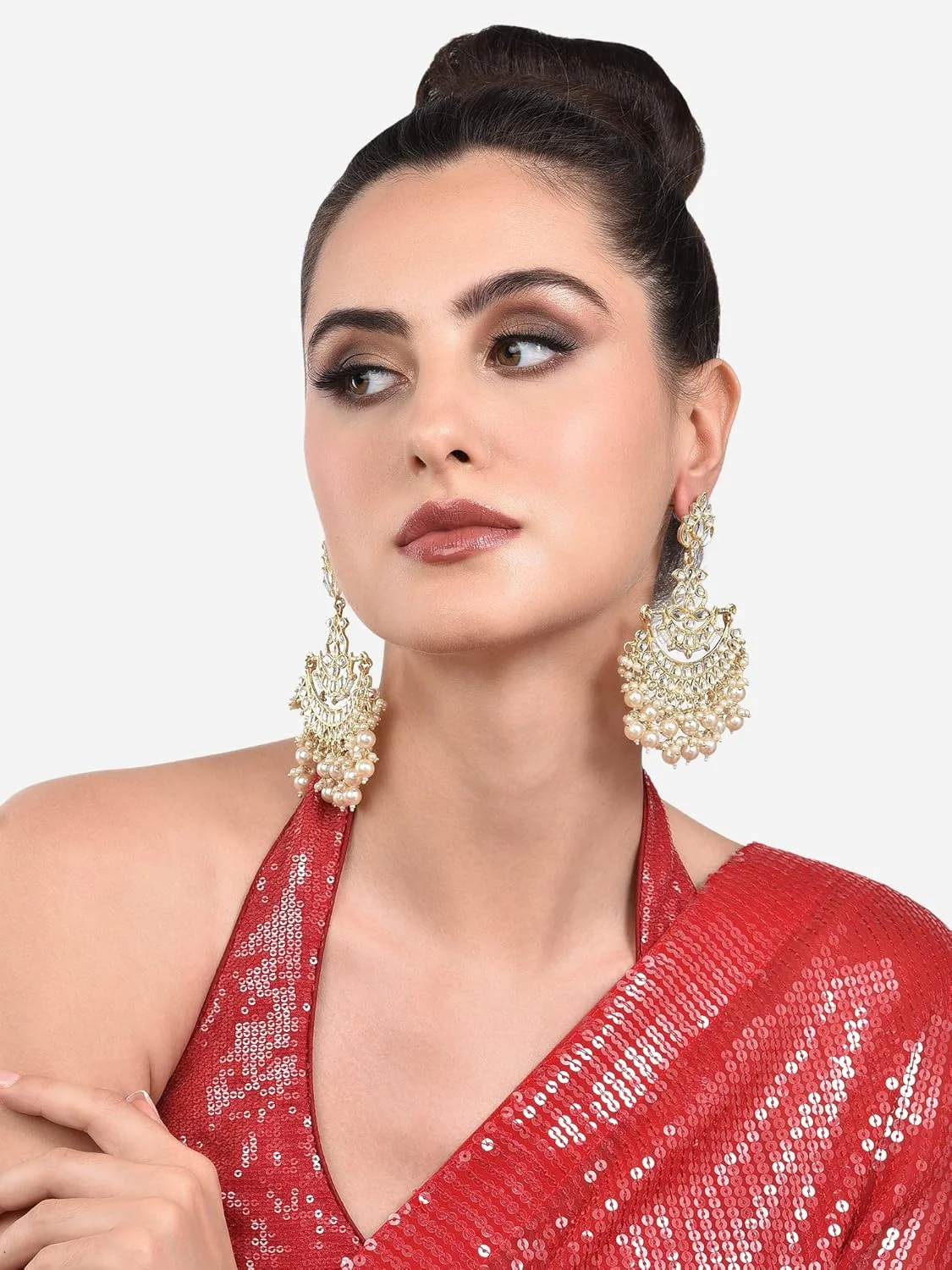 گوشواره آویز هلالی زنانه ZAVERI PEARLS با طرح نگین های Kundan و مروارید، رنگ طلایی - ZPFK13978