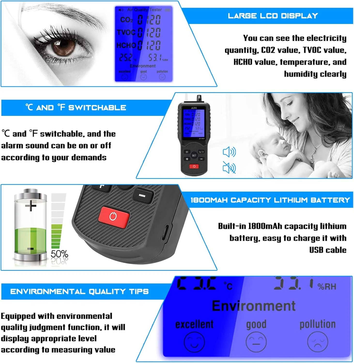 دستگاه سنجش کیفیت هوا یونی تی، تستر چند منظوره کیفیت هوا، دستگاه اندازه گیری CO2 TVOC، دما و رطوبت دستگاه سنجش کیفیت هوا یونی تی، تستر چند منظوره کیفیت هوا، دستگاه اندازه گیری CO2 TVOC، دما و رطوبت