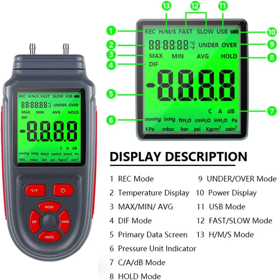 مانومتر دیجیتال UNI-T، گیج فشار دیفرانسیل هوا و گاز دو پورت با صفحه نمایش LCD دارای نور پس زمینه، تغذیه با باتری یا کابل USB، پشتیبانی از اندازه گیری دما ℃/ ℉ مانومتر دیجیتال UNI-T، گیج فشار دیفرانسیل هوا و گاز دو پورت با صفحه نمایش LCD دارای نور پس زمینه، تغذیه با باتری یا کابل USB، پشتیبانی از اندازه گیری دما ℃/ ℉