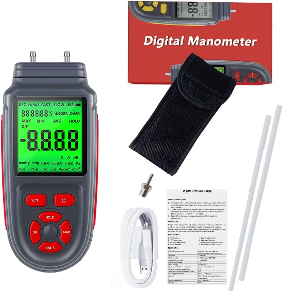 مانومتر دیجیتال UNI-T، گیج فشار دیفرانسیل هوا و گاز دو پورت با صفحه نمایش LCD دارای نور پس زمینه، تغذیه با باتری یا کابل USB، پشتیبانی از اندازه گیری دما ℃/ ℉ مانومتر دیجیتال UNI-T، گیج فشار دیفرانسیل هوا و گاز دو پورت با صفحه نمایش LCD دارای نور پس زمینه، تغذیه با باتری یا کابل USB، پشتیبانی از اندازه گیری دما ℃/ ℉