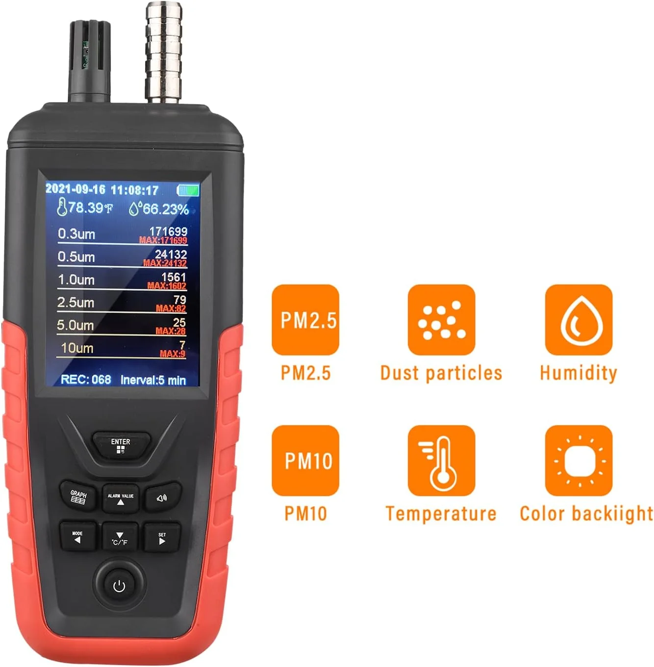 شمارنده ذرات گرد و غبار UNI-T، 6 کاناله 0.3um/ 0.5μm/ 1.0μm/ 2.5μm/ 5.0μm/ 10um PM2.5 PM10 با صفحه نمایش رنگی TFT با نور پس زمینه 3.2 اینچی، مانیتور دما و رطوبت کیفیت هوا برای خانه و دفتر شمارنده ذرات گرد و غبار UNI-T، 6 کاناله 0.3um/ 0.5μm/ 1.0μm/ 2.5μm/ 5.0μm/ 10um PM2.5 PM10 با صفحه نمایش رنگی TFT با نور پس زمینه 3.2 اینچی، مانیتور دما و رطوبت کیفیت هوا برای خانه و دفتر