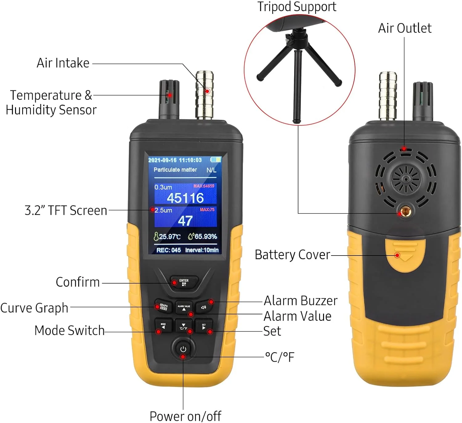 شمارنده ذرات گرد و غبار 3 کاناله UNI-T 0.3um/ 2.5um/ 10um PM2.5 PM10 با صفحه نمایش رنگی TFT 3.2 اینچی، تستر کیفیت هوا، دما و رطوبت برای خانه، دفتر و صنعت شمارنده ذرات گرد و غبار 3 کاناله UNI-T 0.3um/ 2.5um/ 10um PM2.5 PM10 با صفحه نمایش رنگی TFT 3.2 اینچی، تستر کیفیت هوا، دما و رطوبت برای خانه، دفتر و صنعت