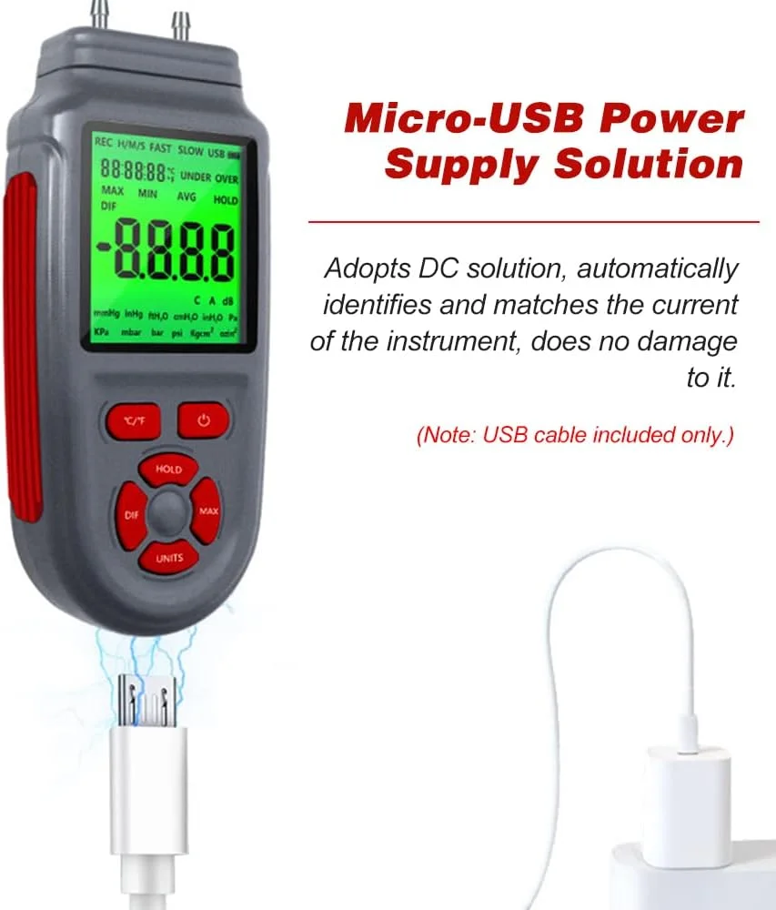 مانومتر دیجیتال UNI-T، گیج فشار دیفرانسیل هوا و گاز دو پورت با صفحه نمایش LCD دارای نور پس زمینه، تغذیه با باتری یا کابل USB، پشتیبانی از اندازه گیری دما ℃/ ℉ مانومتر دیجیتال UNI-T، گیج فشار دیفرانسیل هوا و گاز دو پورت با صفحه نمایش LCD دارای نور پس زمینه، تغذیه با باتری یا کابل USB، پشتیبانی از اندازه گیری دما ℃/ ℉