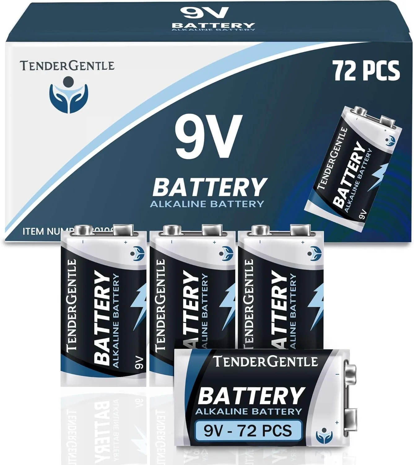 باتری‌های 9 ولت TenderGentle - بسته 72 عددی باتری 9 ولت برای آشکارسازهای دود، آلارم‌های مونوکسید کربن، سیستم‌های امنیتی، واکی تاکی و موارد دیگر - باتری‌های آلکالاین چند منظوره