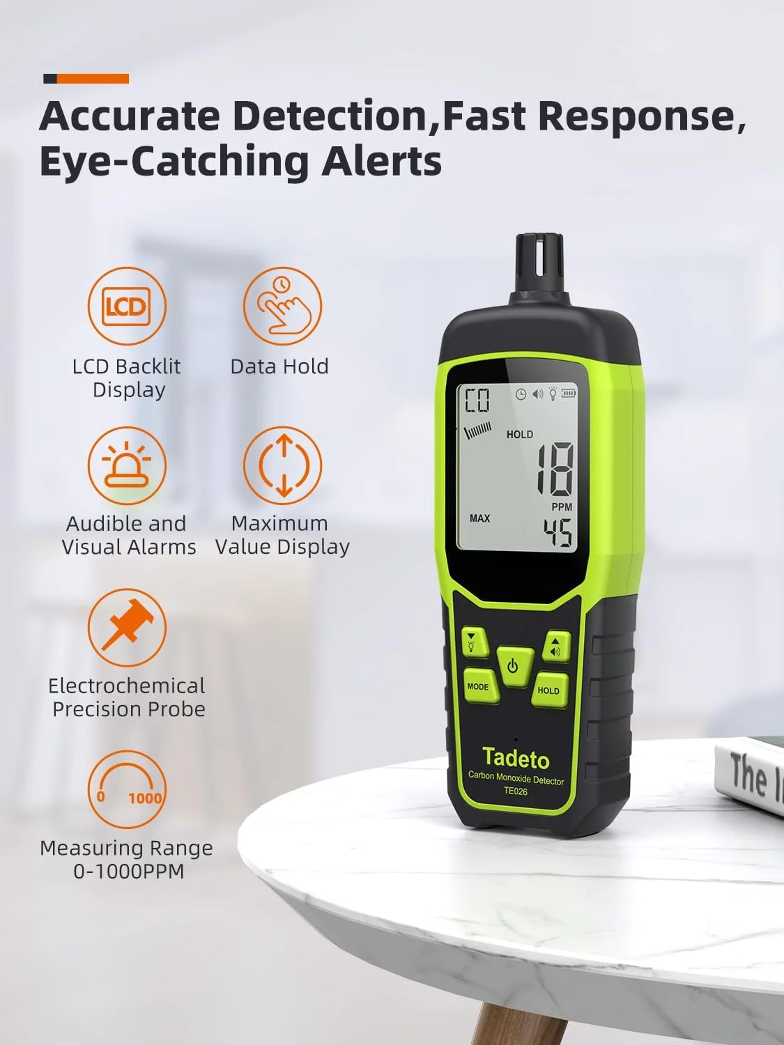 دتکتورهای مونوکسید کربن Tadeto، دتکتور CO قابل حمل با آلارم صوتی و تصویری، صفحه نمایش دارای نور پس زمینه 2.4 اینچی 0-1000PPM، دستگاه اندازه گیری گاز CO مسافرتی برای خانه، صنعت و فضای باز (شامل باتری x3)