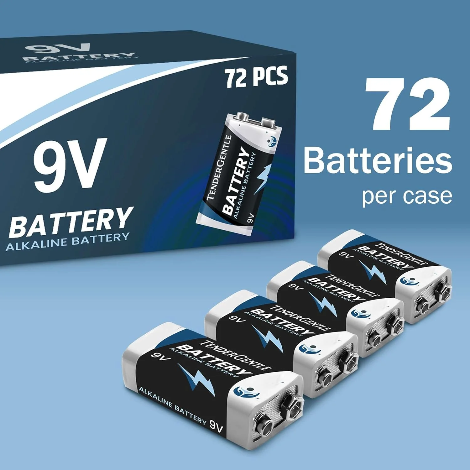 باتری‌های 9 ولت TenderGentle - بسته 72 عددی باتری 9 ولت برای آشکارسازهای دود، آلارم‌های مونوکسید کربن، سیستم‌های امنیتی، واکی تاکی و موارد دیگر - باتری‌های آلکالاین چند منظوره