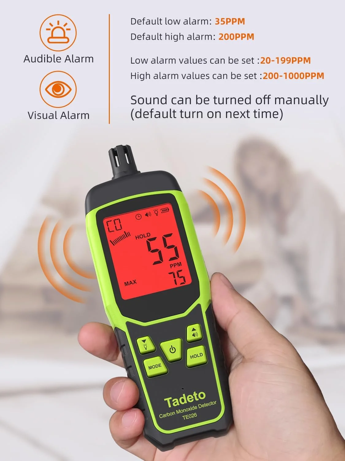 دتکتورهای مونوکسید کربن Tadeto، دتکتور CO قابل حمل با آلارم صوتی و تصویری، صفحه نمایش دارای نور پس زمینه 2.4 اینچی 0-1000PPM، دستگاه اندازه گیری گاز CO مسافرتی برای خانه، صنعت و فضای باز (شامل باتری x3)