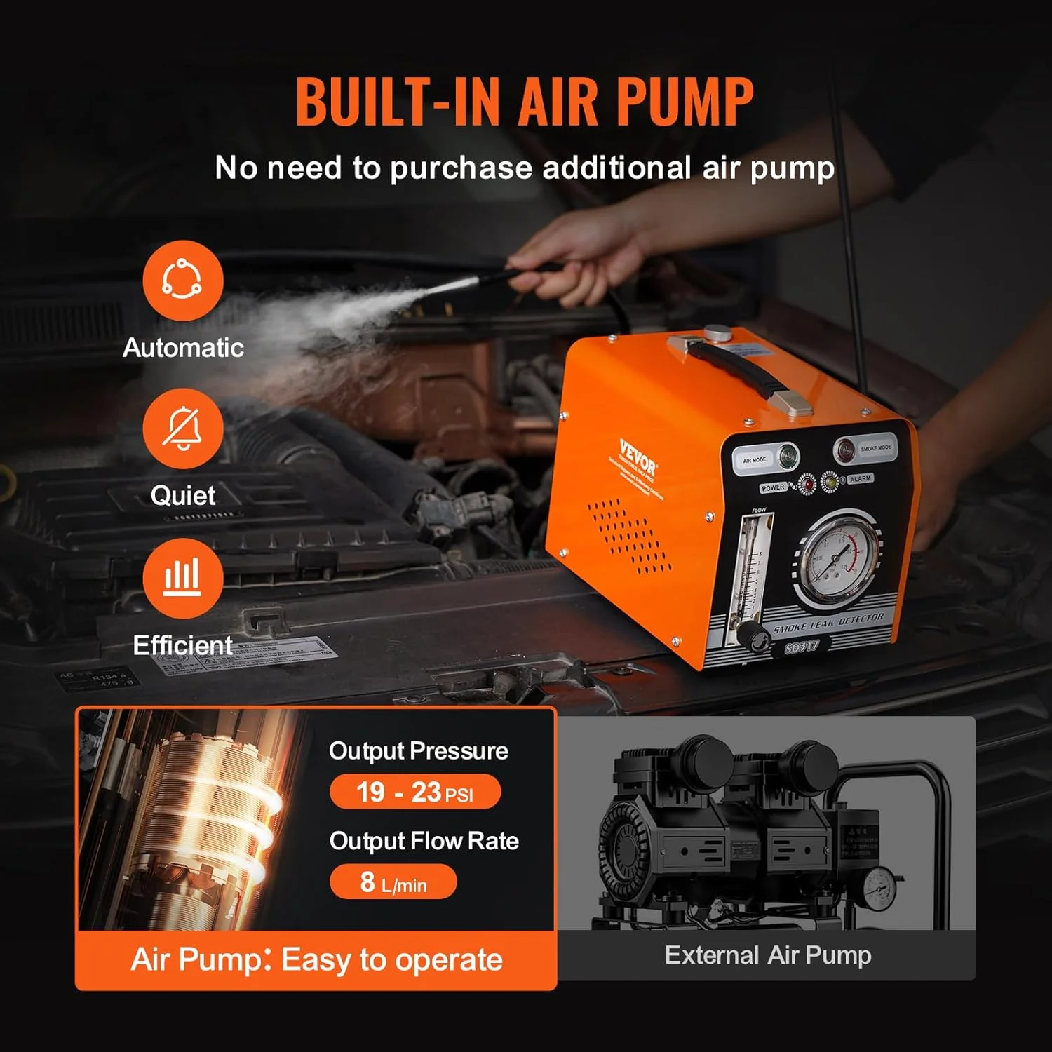 دستگاه دود ساز خودرو VEVOR، آشکارساز نشتی 8 لیتر در دقیقه، دستگاه دود ساز خودرو، حالت هوا و حالت دود، دو مدل، آشکارساز نشتی با فشارسنج و پمپ هوا، آشکارساز نشتی برای سیستم های EVAP