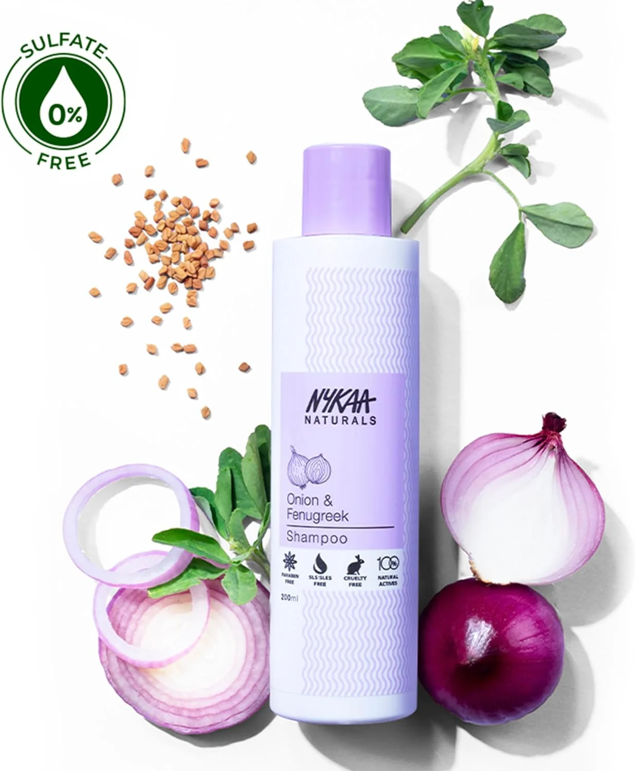 شامپو رشد مو پیاز و شنبلیله Nykaa Naturals با پروتئین ابریشم هیدرولیز شده - بدون پارابن، 100% مواد فعال طبیعی، مناسب آقایان و بانوان، برای انواع مو - 200 میلی لیتر (200 میلی لیتر، پیاز و شنبلیله)