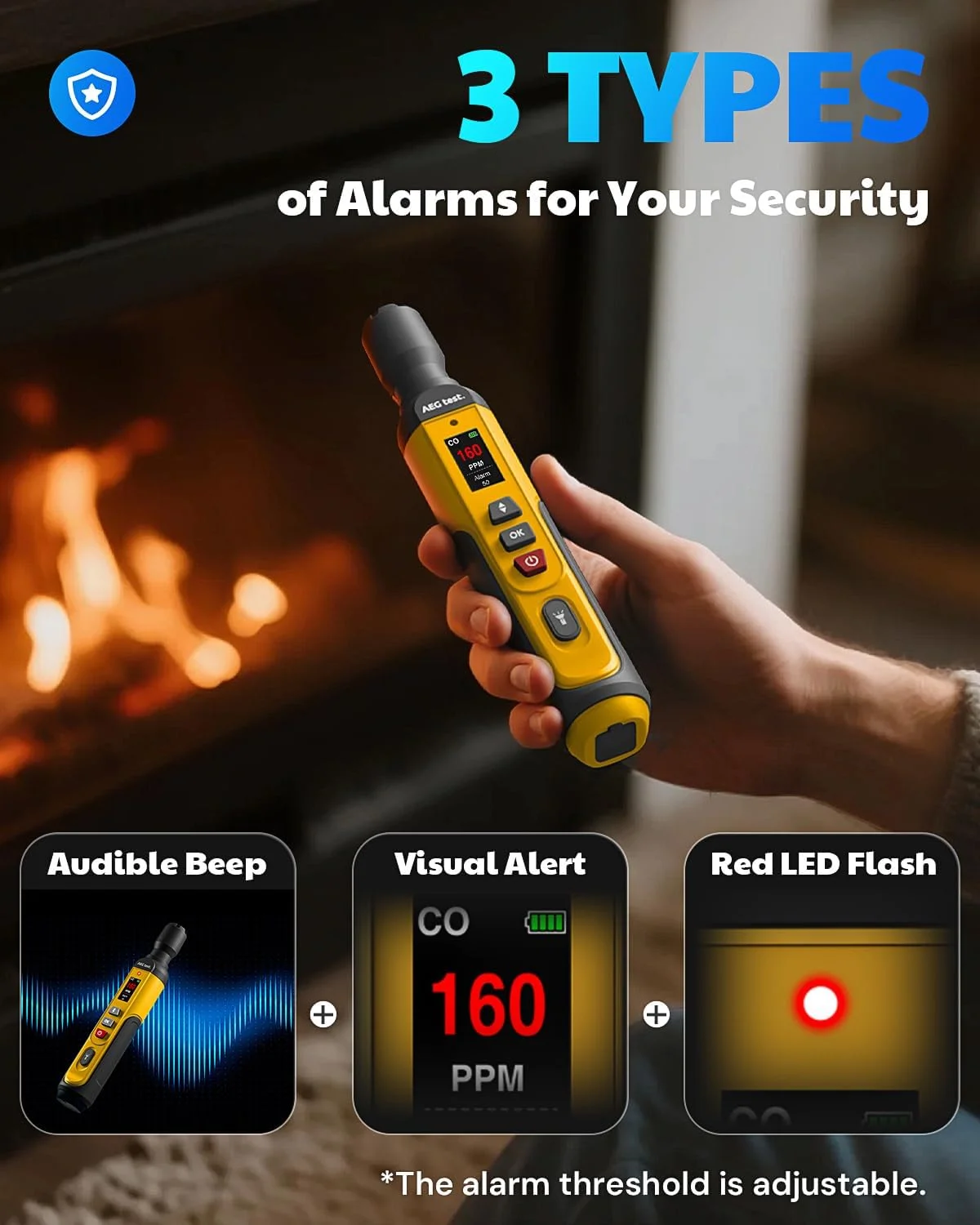 دتکتور مونوکسید کربن قابل حمل AEGTEST AGT-2459، 0 تا 1000 PPM، CO قابل شارژ با آلارم صوتی/تصویری، صفحه نمایش رنگی TFT برای خانه، مسافرت، صنعت و استفاده سیار - زرد