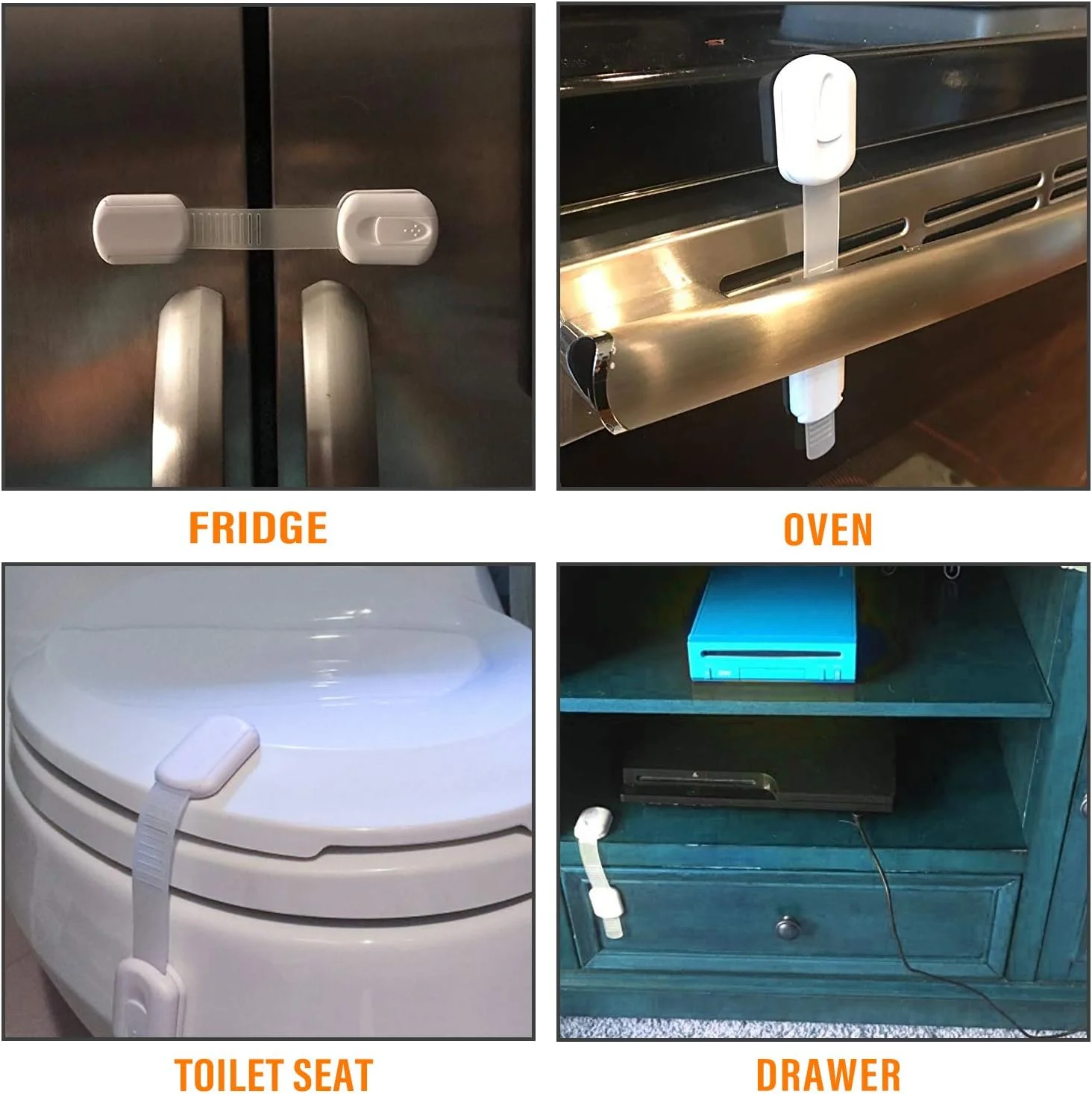 قفل ایمنی کابینت کودک - قفل های محافظ کودک برای درب کشو، یخچال، فر، درب توالت، کابینت آشپزخانه، لوازم خانگی، سطل زباله با چسب 3M - بند قابل تنظیم بدون نیاز به دریل و ابزار، بسته 10 عددی (سفید)