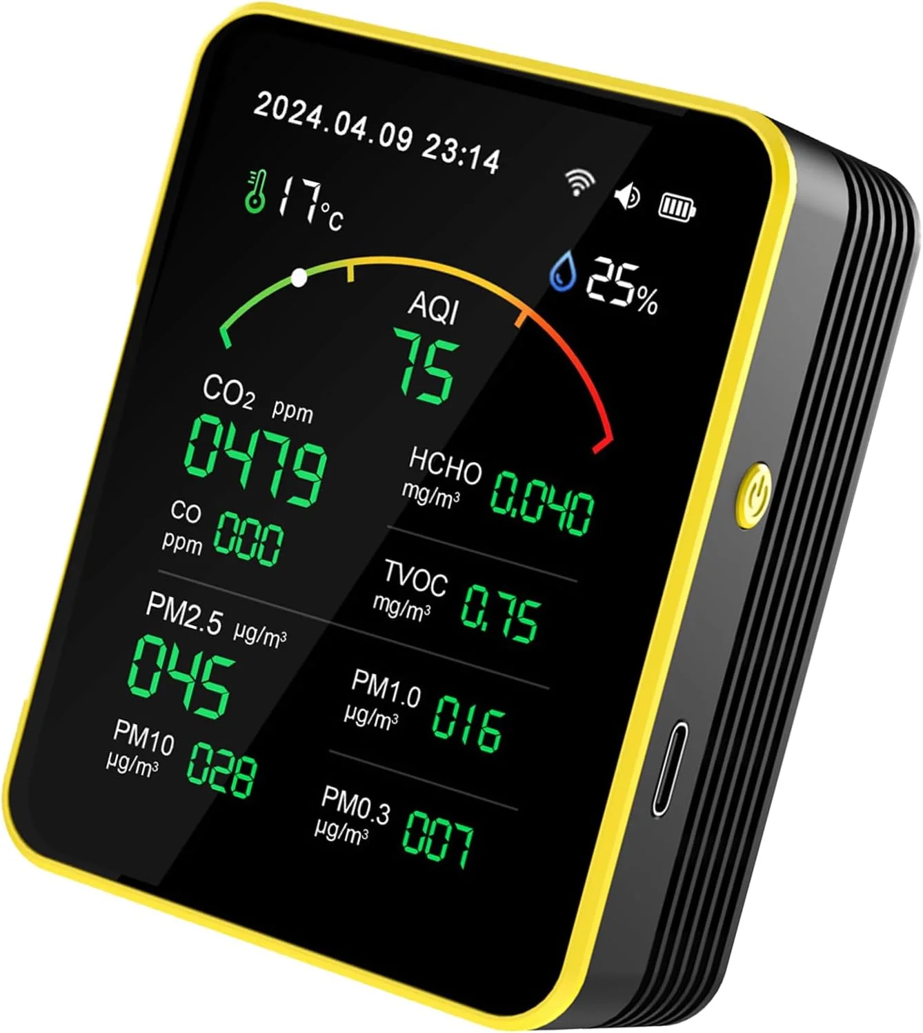 دستگاه تشخیص آلودگی هوا قابل شارژ USB برای استفاده در محیط های داخلی و خانگی، دستگاه تست چند منظوره (سیاه و زرد)