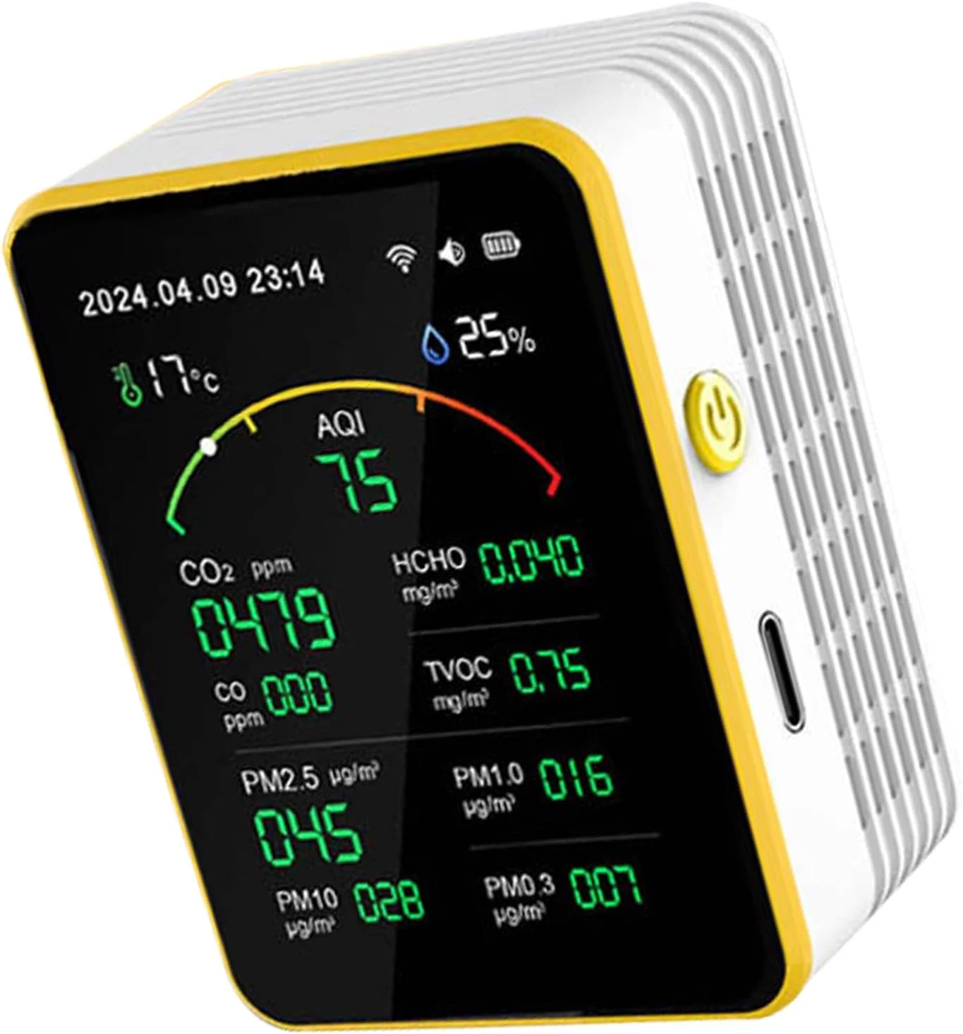 دستگاه تشخیص هوای چند منظوره و دستگاه تست دقیق گازهای TVOC، دما و رطوبت برای اندازه گیری هوای خانه (سفید و زرد)