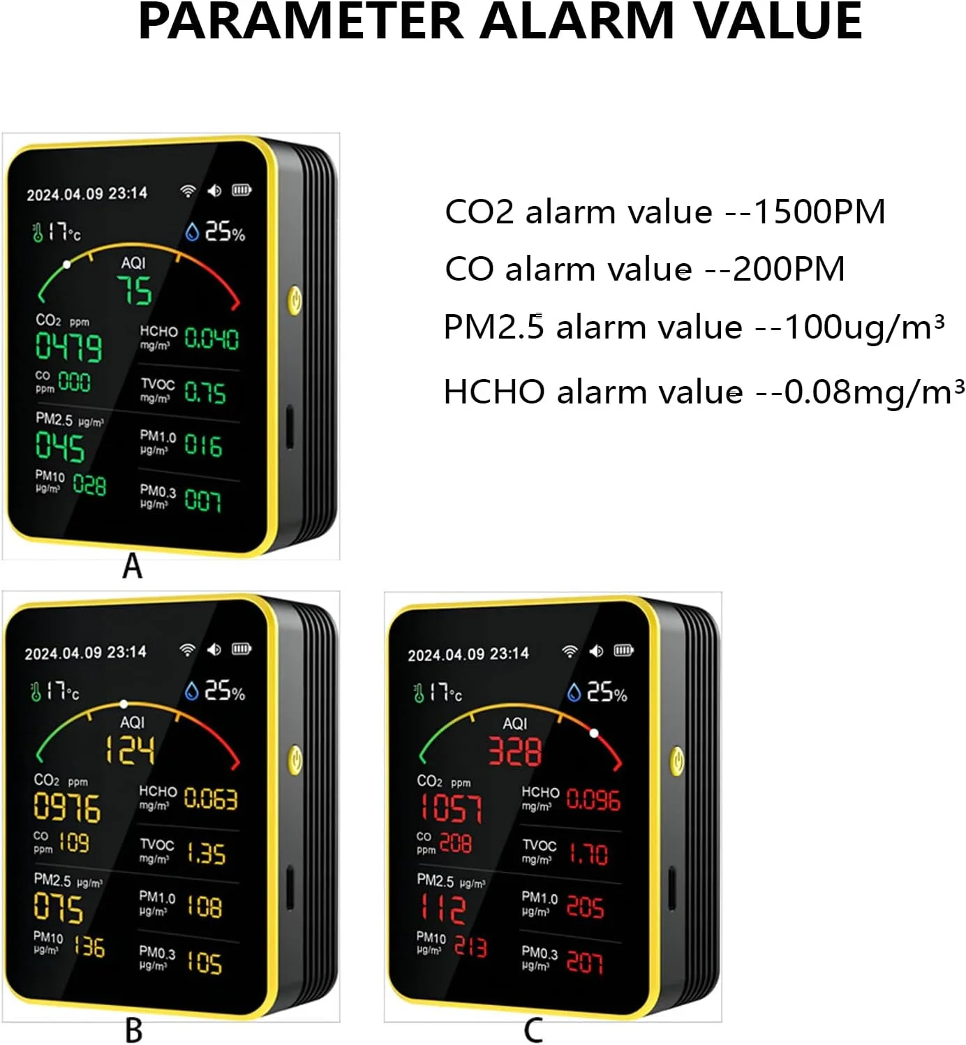 دستگاه تشخیص آلودگی هوا قابل شارژ USB برای استفاده در محیط های داخلی و خانگی، دستگاه تست چند منظوره (سیاه و زرد) دستگاه تشخیص آلودگی هوا قابل شارژ USB برای استفاده در محیط های داخلی و خانگی، دستگاه تست چند منظوره (سیاه و زرد)