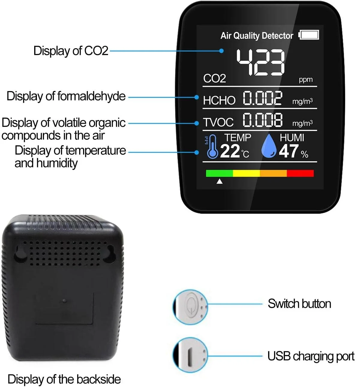 مانیتور کیفیت هوا 400-5000PPM - مانیتور دی اکسید کربن دیجیتال قابل حمل، تستر دما و رطوبت سنج کیفیت هوا با کابل USB برای خانه و دفتر مانیتور کیفیت هوا 400-5000PPM - مانیتور دی اکسید کربن دیجیتال قابل حمل، تستر دما و رطوبت سنج کیفیت هوا با کابل USB برای خانه و دفتر
