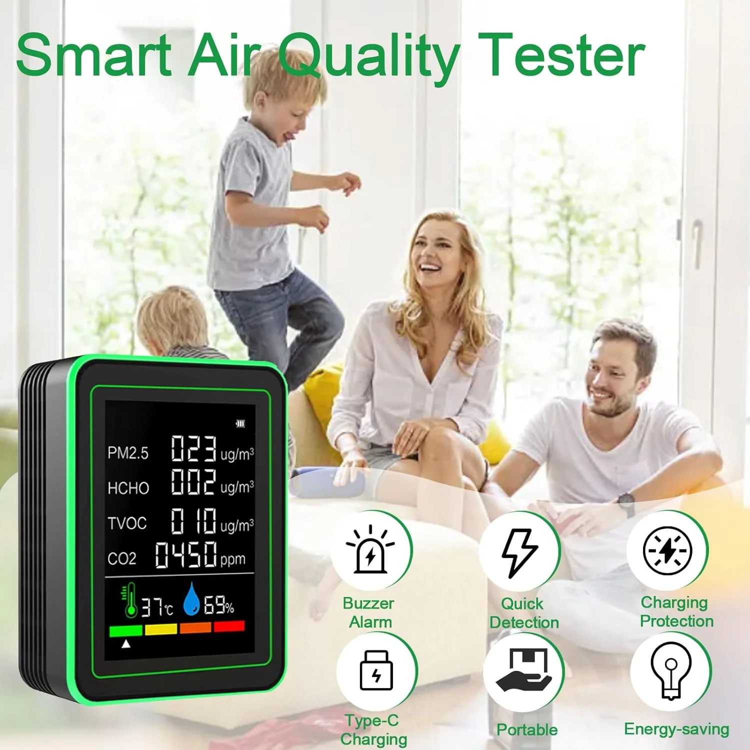 دستگاه سنجش کیفیت هوا 6 در 1 Agrdeed، دستگاه سنجش آلودگی هوا، ردیاب مانیتور CO2، سنسور کیفیت هوا برای PM2.5، CO2، HCHO، TVOC، دما، رطوبت، ثبت داده های زمان واقعی