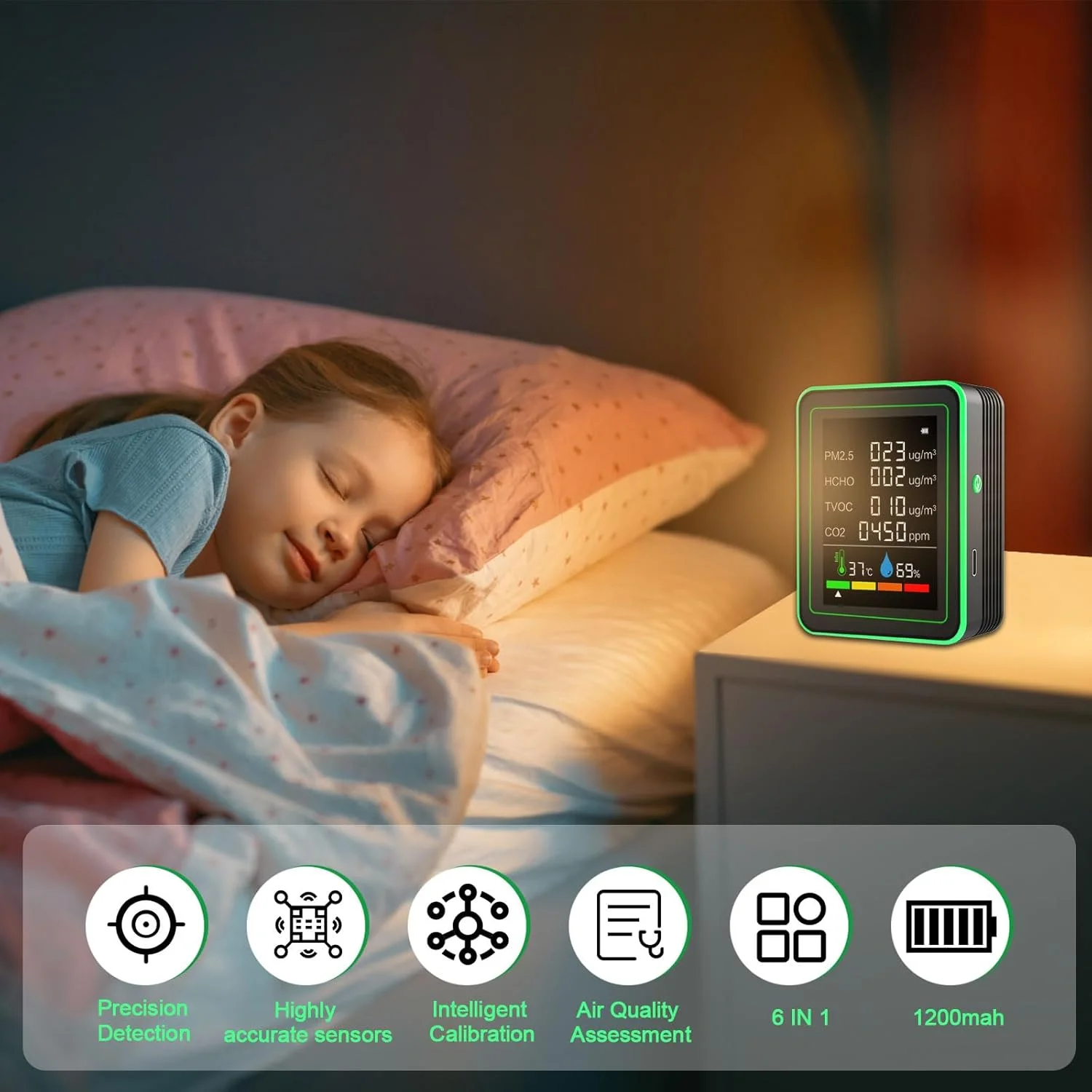 دستگاه سنجش کیفیت هوا 6 در 1 Agrdeed، دستگاه سنجش آلودگی هوا، ردیاب مانیتور CO2، سنسور کیفیت هوا برای PM2.5، CO2، HCHO، TVOC، دما، رطوبت، ثبت داده های زمان واقعی