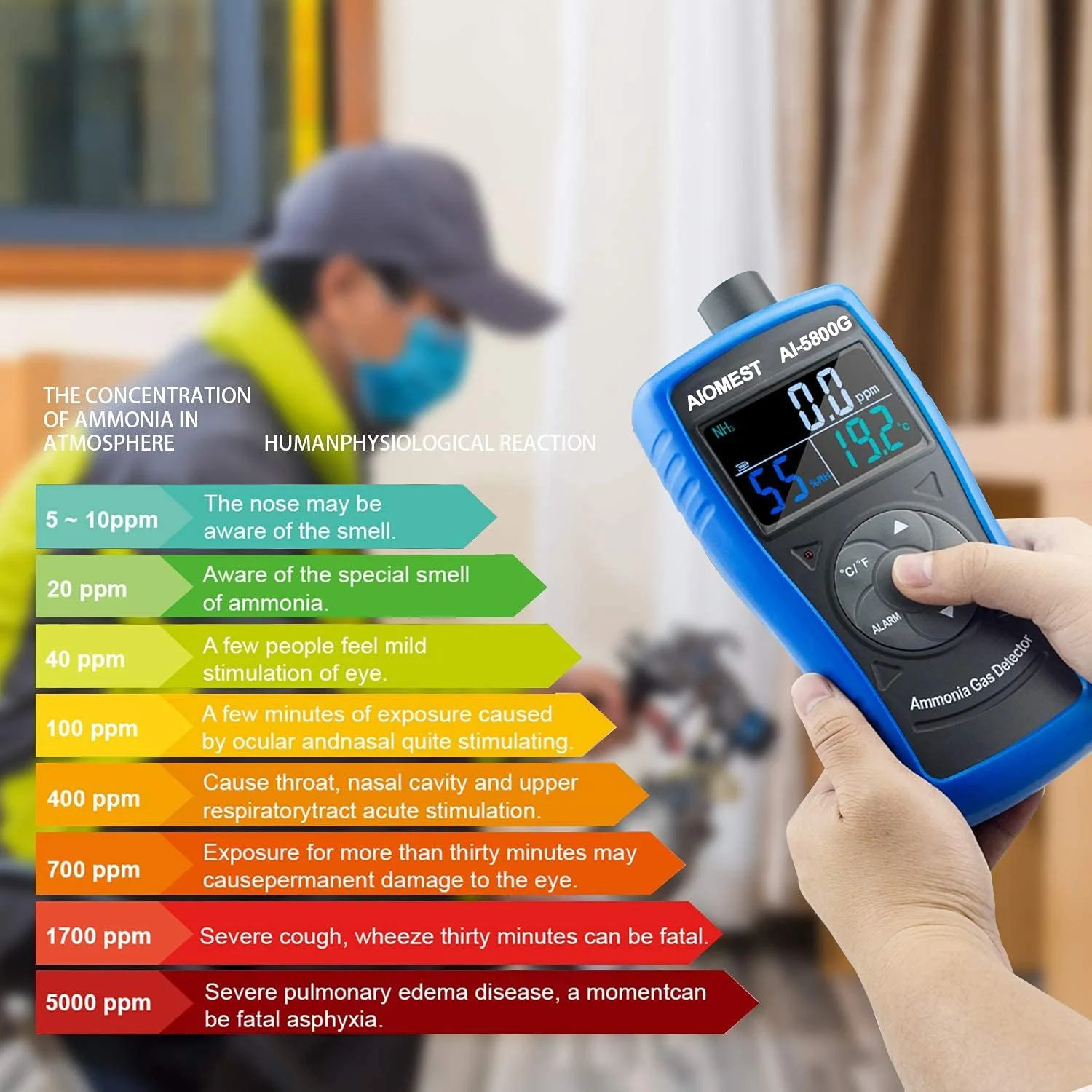 دستگاه تشخیص گاز آمونیاک AIOMEST، تستر غلظت هوا NH3 با محدوده 0 تا 100PPM، دستگاه سنجش آمونیاک با قابلیت نمایش دما و رطوبت و آلارم برای دکوراسیون منزل، مرغداری و صنعت مدل AI-5800G دستگاه تشخیص گاز آمونیاک AIOMEST، تستر غلظت هوا NH3 با محدوده 0 تا 100PPM، دستگاه سنجش آمونیاک با قابلیت نمایش دما و رطوبت و آلارم برای دکوراسیون منزل، مرغداری و صنعت مدل AI-5800G