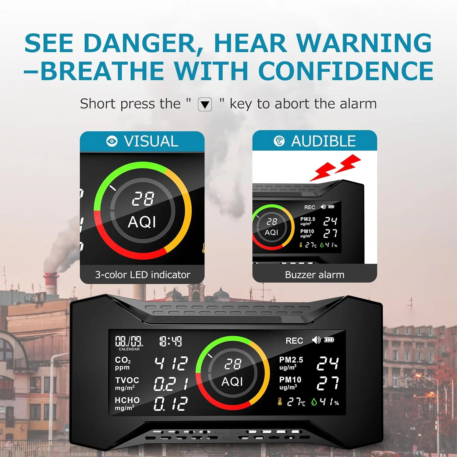 دستگاه سنجش کیفیت هوا 8 در 1، تستر قابل حمل کیفیت هوا Air-Guardian AQ (PM2.5، PM10، CO2، VOC، فرمالدئید، رطوبت، دما) دستگاه سنجش کیفیت هوا 8 در 1، تستر قابل حمل کیفیت هوا Air-Guardian AQ (PM2.5، PM10، CO2، VOC، فرمالدئید، رطوبت، دما)