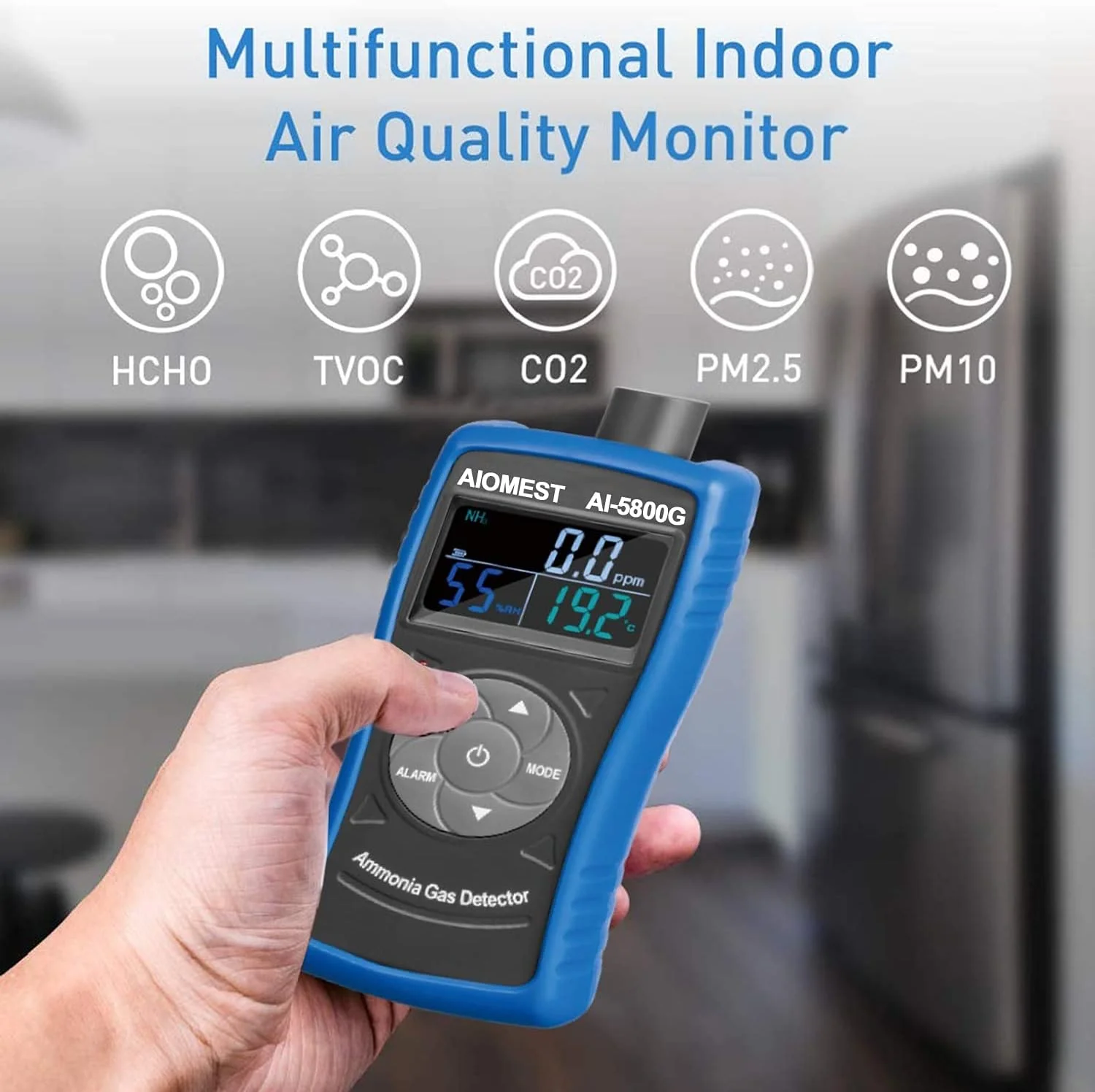 دستگاه تشخیص گاز آمونیاک AIOMEST، تستر غلظت هوا NH3 با محدوده 0 تا 100PPM، دستگاه سنجش آمونیاک با قابلیت نمایش دما و رطوبت و آلارم برای دکوراسیون منزل، مرغداری و صنعت مدل AI-5800G دستگاه تشخیص گاز آمونیاک AIOMEST، تستر غلظت هوا NH3 با محدوده 0 تا 100PPM، دستگاه سنجش آمونیاک با قابلیت نمایش دما و رطوبت و آلارم برای دکوراسیون منزل، مرغداری و صنعت مدل AI-5800G