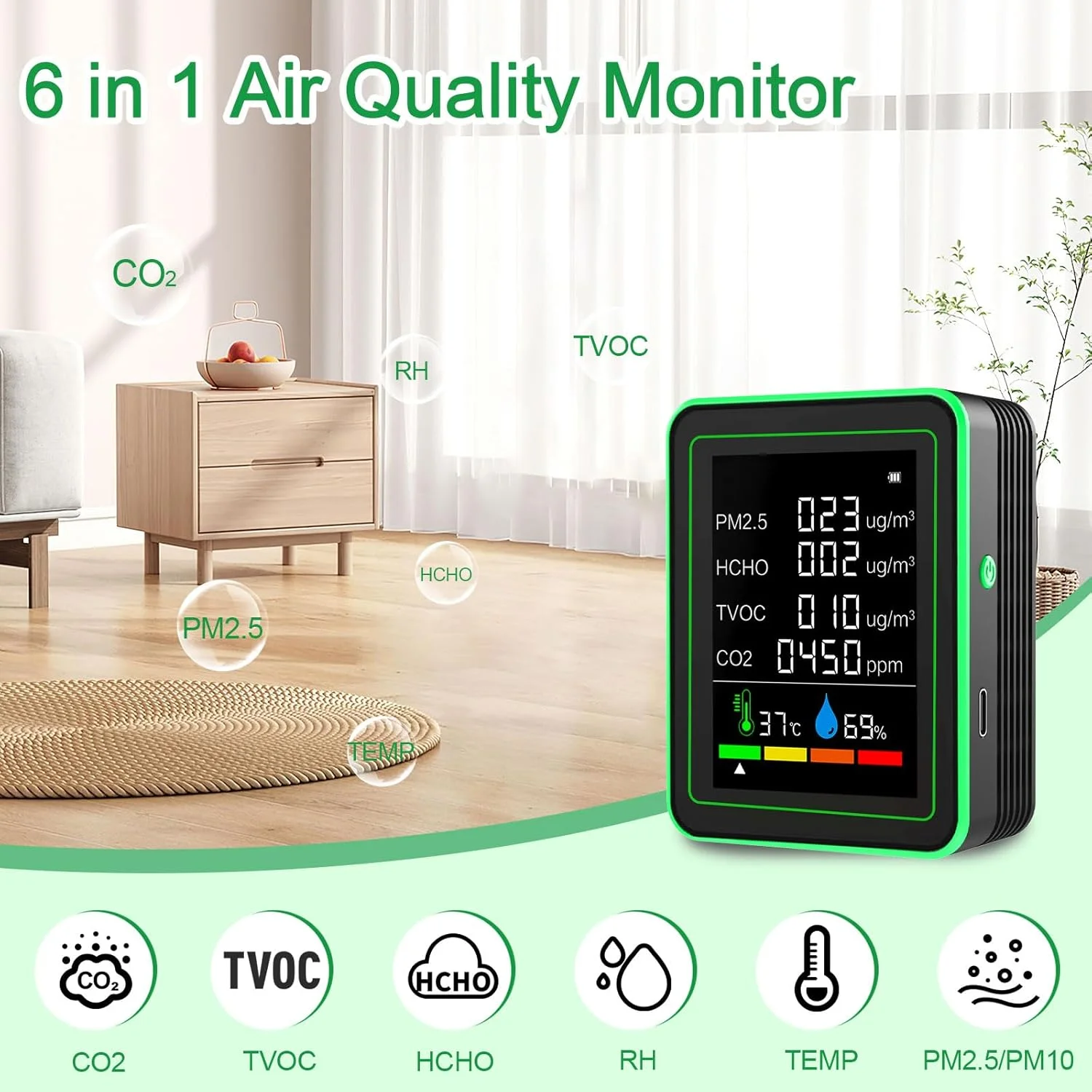 دستگاه سنجش کیفیت هوا 6 در 1 Agrdeed، دستگاه سنجش آلودگی هوا، ردیاب مانیتور CO2، سنسور کیفیت هوا برای PM2.5، CO2، HCHO، TVOC، دما، رطوبت، ثبت داده های زمان واقعی