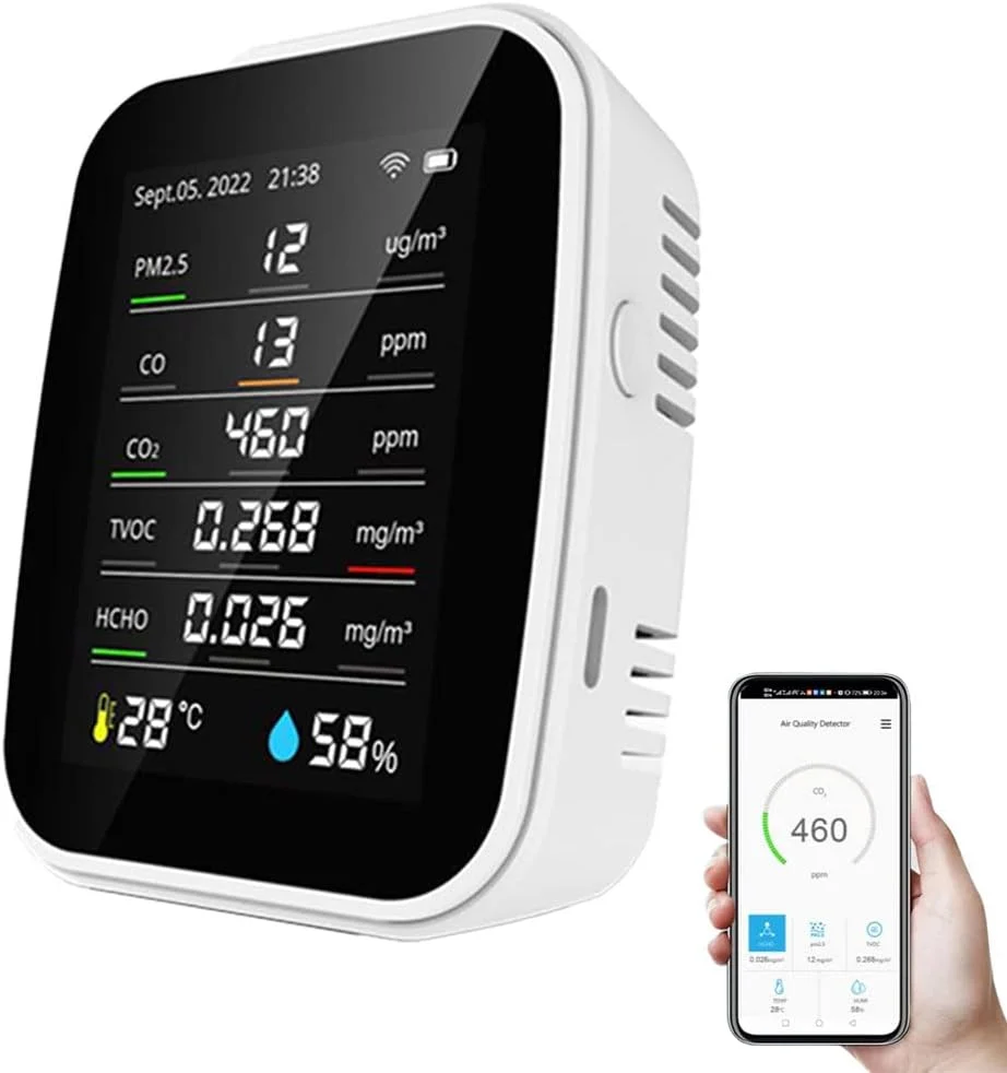 مانیتور کیفیت هوا CO2، کالیبراسیون خودکار 10 در 1 تجزیه و تحلیل دما و رطوبت، HCHO، نظارت بر آلودگی TVOC برای خانه های هوشمند، گلخانه ها و مزارع