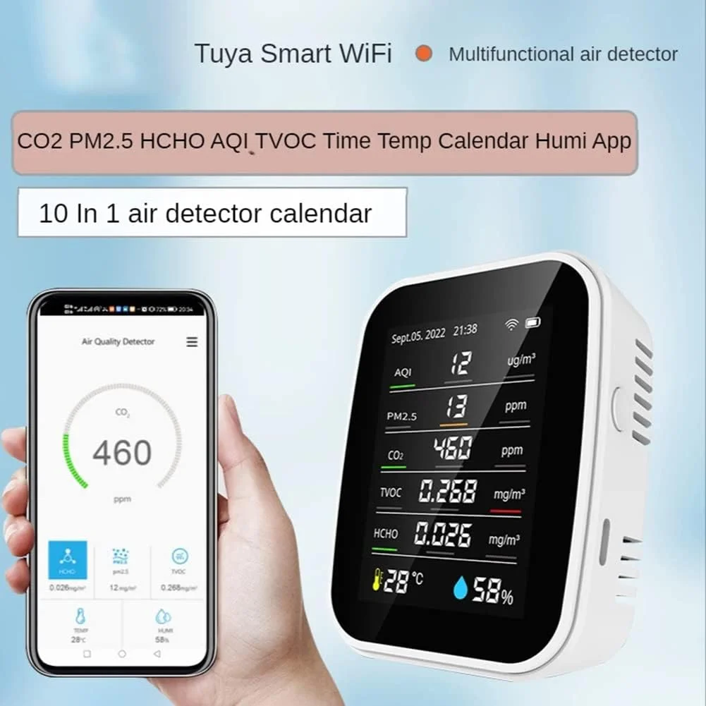 مانیتور کیفیت هوا CO2، کالیبراسیون خودکار 10 در 1 تجزیه و تحلیل دما و رطوبت، HCHO، نظارت بر آلودگی TVOC برای خانه های هوشمند، گلخانه ها و مزارع مانیتور کیفیت هوا CO2، کالیبراسیون خودکار 10 در 1 تجزیه و تحلیل دما و رطوبت، HCHO، نظارت بر آلودگی TVOC برای خانه های هوشمند، گلخانه ها و مزارع