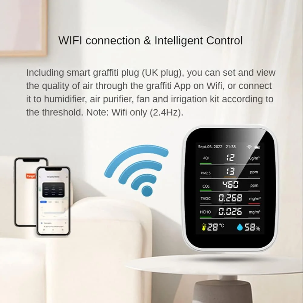 مانیتور کیفیت هوا CO2، کالیبراسیون خودکار 10 در 1 تجزیه و تحلیل دما و رطوبت، HCHO، نظارت بر آلودگی TVOC برای خانه های هوشمند، گلخانه ها و مزارع مانیتور کیفیت هوا CO2، کالیبراسیون خودکار 10 در 1 تجزیه و تحلیل دما و رطوبت، HCHO، نظارت بر آلودگی TVOC برای خانه های هوشمند، گلخانه ها و مزارع