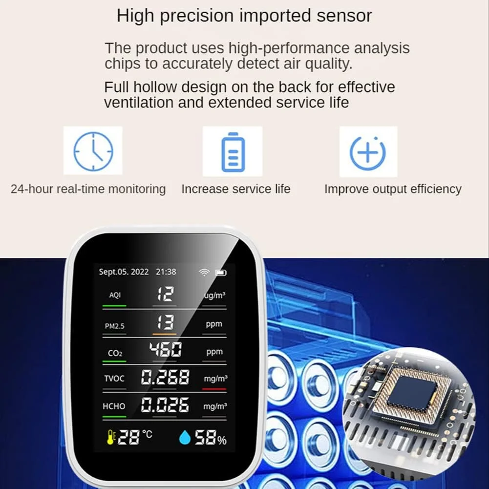 مانیتور کیفیت هوا CO2، کالیبراسیون خودکار 10 در 1 تجزیه و تحلیل دما و رطوبت، HCHO، نظارت بر آلودگی TVOC برای خانه های هوشمند، گلخانه ها و مزارع مانیتور کیفیت هوا CO2، کالیبراسیون خودکار 10 در 1 تجزیه و تحلیل دما و رطوبت، HCHO، نظارت بر آلودگی TVOC برای خانه های هوشمند، گلخانه ها و مزارع