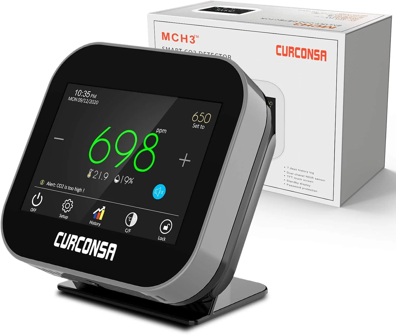 مانیتور دی اکسید کربن CURCONSA، سنجشگر CO2، رطوبت هوای داخل و ساعت، سنسور CO2 NDIR دو کاناله، صفحه نمایش رنگی 3.5 اینچی TFT با لمس خازنی 0 تا 5000 PPM مانیتور دی اکسید کربن CURCONSA، سنجشگر CO2، رطوبت هوای داخل و ساعت، سنسور CO2 NDIR دو کاناله، صفحه نمایش رنگی 3.5 اینچی TFT با لمس خازنی 0 تا 5000 PPM