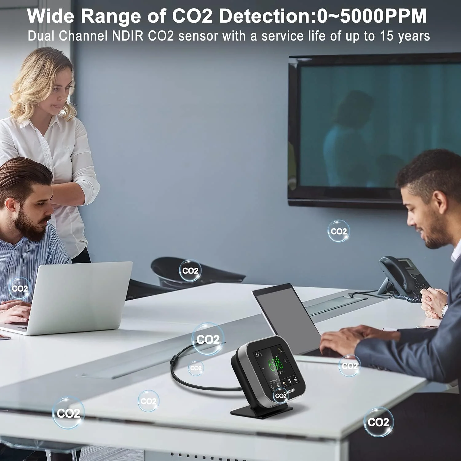 مانیتور دی اکسید کربن CURCONSA، سنجشگر CO2، رطوبت هوای داخل و ساعت، سنسور CO2 NDIR دو کاناله، صفحه نمایش رنگی 3.5 اینچی TFT با لمس خازنی 0 تا 5000 PPM مانیتور دی اکسید کربن CURCONSA، سنجشگر CO2، رطوبت هوای داخل و ساعت، سنسور CO2 NDIR دو کاناله، صفحه نمایش رنگی 3.5 اینچی TFT با لمس خازنی 0 تا 5000 PPM