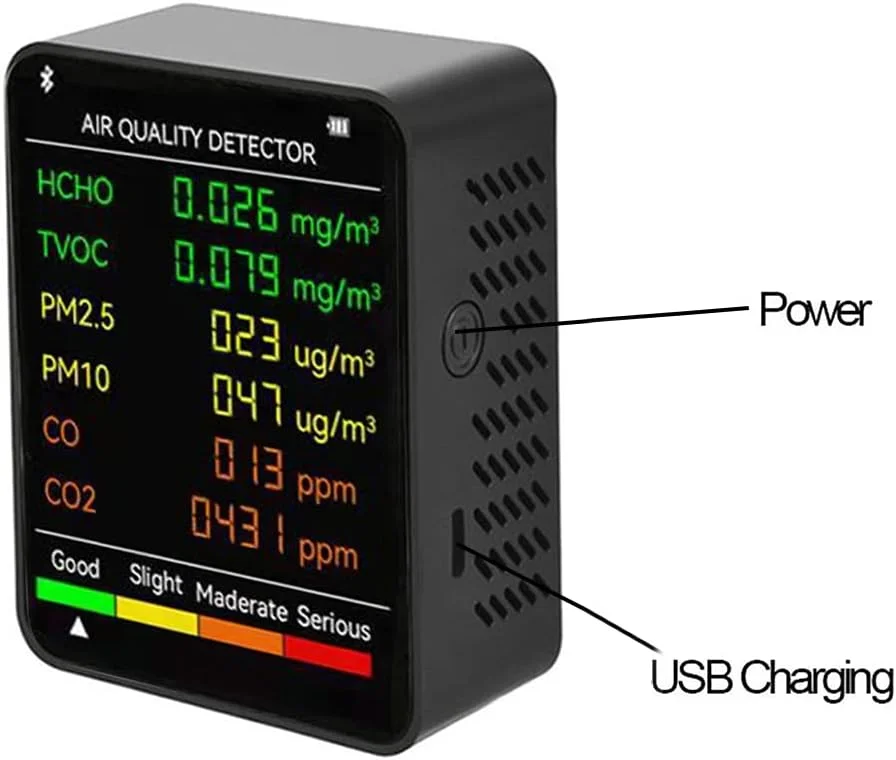 دستگاه تشخیص دی اکسید کربن 6 در 1 - دستگاه تشخیص کیفیت هوای داخلی - شمارنده دیجیتال CO2 TVOC HCHO - نمایشگر دما و رطوبت - صفحه نمایش رنگی با نور پس زمینه