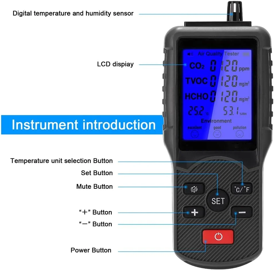 دستگاه تشخیص کیفیت هوا CO2 TVOC HCHO با قابلیت تشخیص جامع دما و رطوبت، مناسب برای گلخانه، خانه، اداره و کارخانه دستگاه تشخیص کیفیت هوا CO2 TVOC HCHO با قابلیت تشخیص جامع دما و رطوبت، مناسب برای گلخانه، خانه، اداره و کارخانه