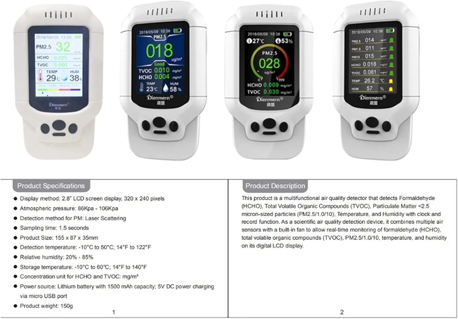 دستگاه تشخیص گاز، کاشف کیفیت هوا Dingmeng نسخه انگلیسی، اندازه گیری ذرات گرد و غبار PM2.5، فرمالدهید HCHO، دما و رطوبت دستگاه تشخیص گاز، کاشف کیفیت هوا Dingmeng نسخه انگلیسی، اندازه گیری ذرات گرد و غبار PM2.5، فرمالدهید HCHO، دما و رطوبت