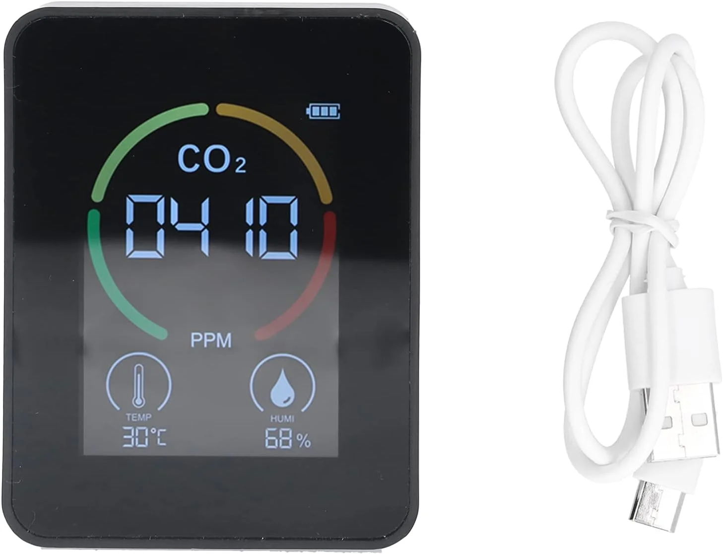 مانیتور کیفیت هوا دی اکسید کربن CO2، شارژر USB، سنسور تشخیص کیفیت هوا با دما و رطوبت برای خانه، دفتر، باشگاه، ماشین (مشکی)