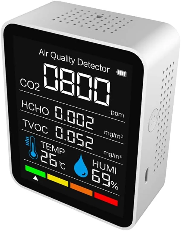 دستگاه سنجش دی اکسید کربن 5 در 1، مانیتور کیفیت هوای داخل ساختمان، سنسور دما و رطوبت، تستر HCHO TVOC برای خانه، دفتر و خودرو با قابلیت اتصال به اپلیکیشن BT