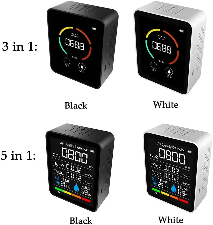دستگاه سنجش دی اکسید کربن 5 در 1، مانیتور کیفیت هوای داخل ساختمان، سنسور دما و رطوبت، تستر HCHO TVOC برای خانه، دفتر و خودرو با قابلیت اتصال به اپلیکیشن BT دستگاه سنجش دی اکسید کربن 5 در 1، مانیتور کیفیت هوای داخل ساختمان، سنسور دما و رطوبت، تستر HCHO TVOC برای خانه، دفتر و خودرو با قابلیت اتصال به اپلیکیشن BT