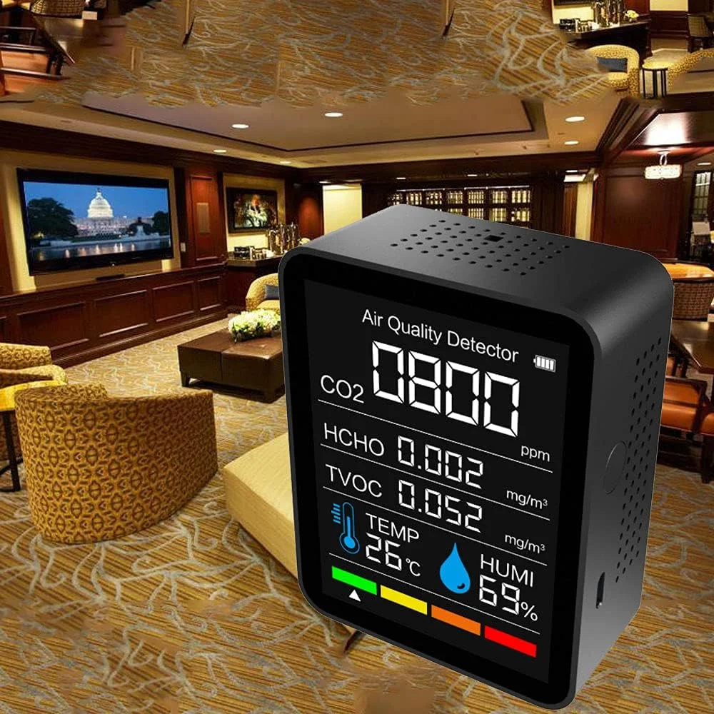 دستگاه سنجش دی اکسید کربن 5 در 1، مانیتور کیفیت هوای داخل ساختمان، سنسور دما و رطوبت، تستر HCHO TVOC برای خانه، دفتر و خودرو با قابلیت اتصال به اپلیکیشن BT دستگاه سنجش دی اکسید کربن 5 در 1، مانیتور کیفیت هوای داخل ساختمان، سنسور دما و رطوبت، تستر HCHO TVOC برای خانه، دفتر و خودرو با قابلیت اتصال به اپلیکیشن BT