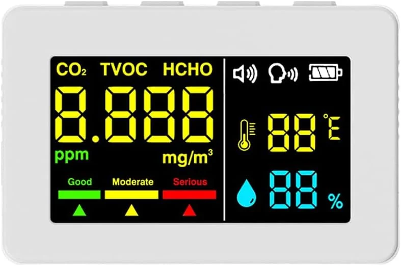 سنسور الکتروشیمیایی فرمالدئید، آشکارساز کیفیت هوا، تستر HCHO TVOC CO2، دماسنج و رطوبت سنج دقیق با عملکرد هشدار صوتی سنسور الکتروشیمیایی فرمالدئید، آشکارساز کیفیت هوا، تستر HCHO TVOC CO2، دماسنج و رطوبت سنج دقیق با عملکرد هشدار صوتی