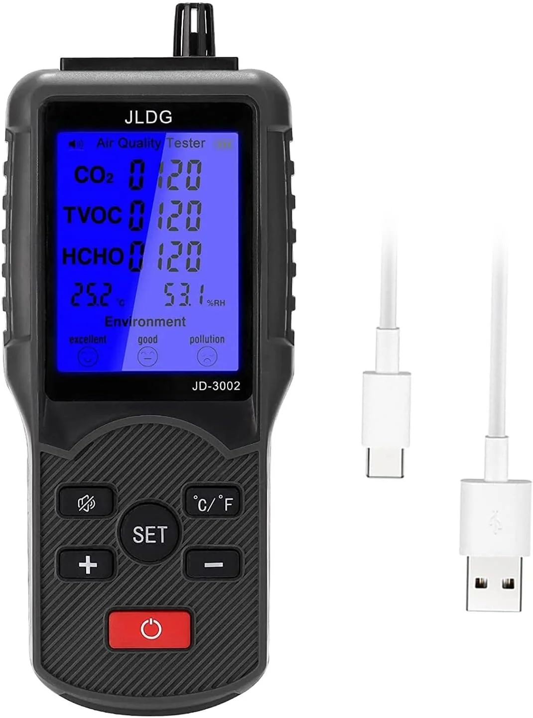 دستگاه تست کیفیت هوا چند منظوره GHQERTY، سنجش TVOC، CO2، دما و رطوبت