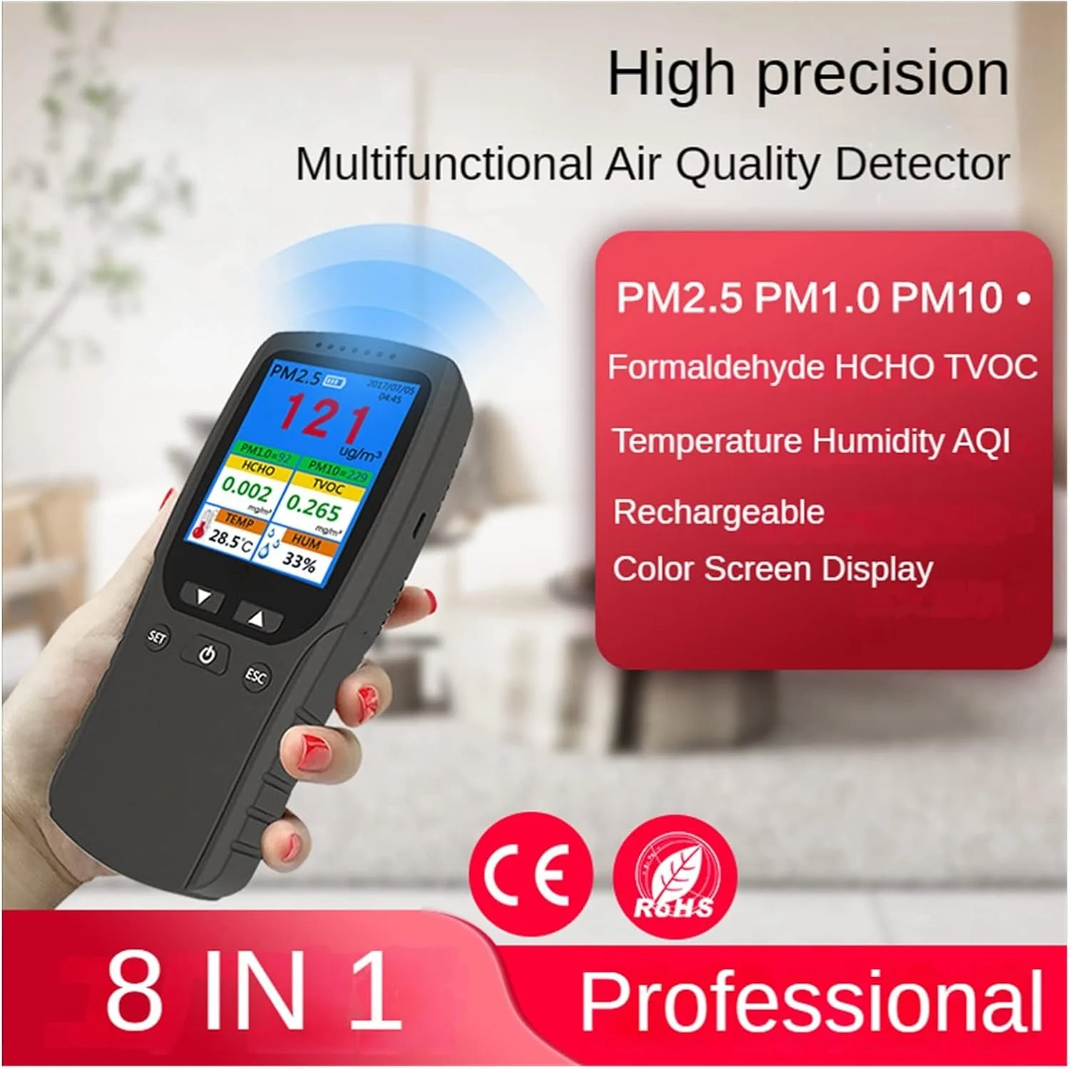 صفحه نمایش کیفیت هوا GHQERTY 8 در 1، ردیاب فرمالدئید، اندازه گیری حرفه ای فرمالدئید PM2.5/TVOC/HCHO، دما و رطوبت صفحه نمایش کیفیت هوا GHQERTY 8 در 1، ردیاب فرمالدئید، اندازه گیری حرفه ای فرمالدئید PM2.5/TVOC/HCHO، دما و رطوبت