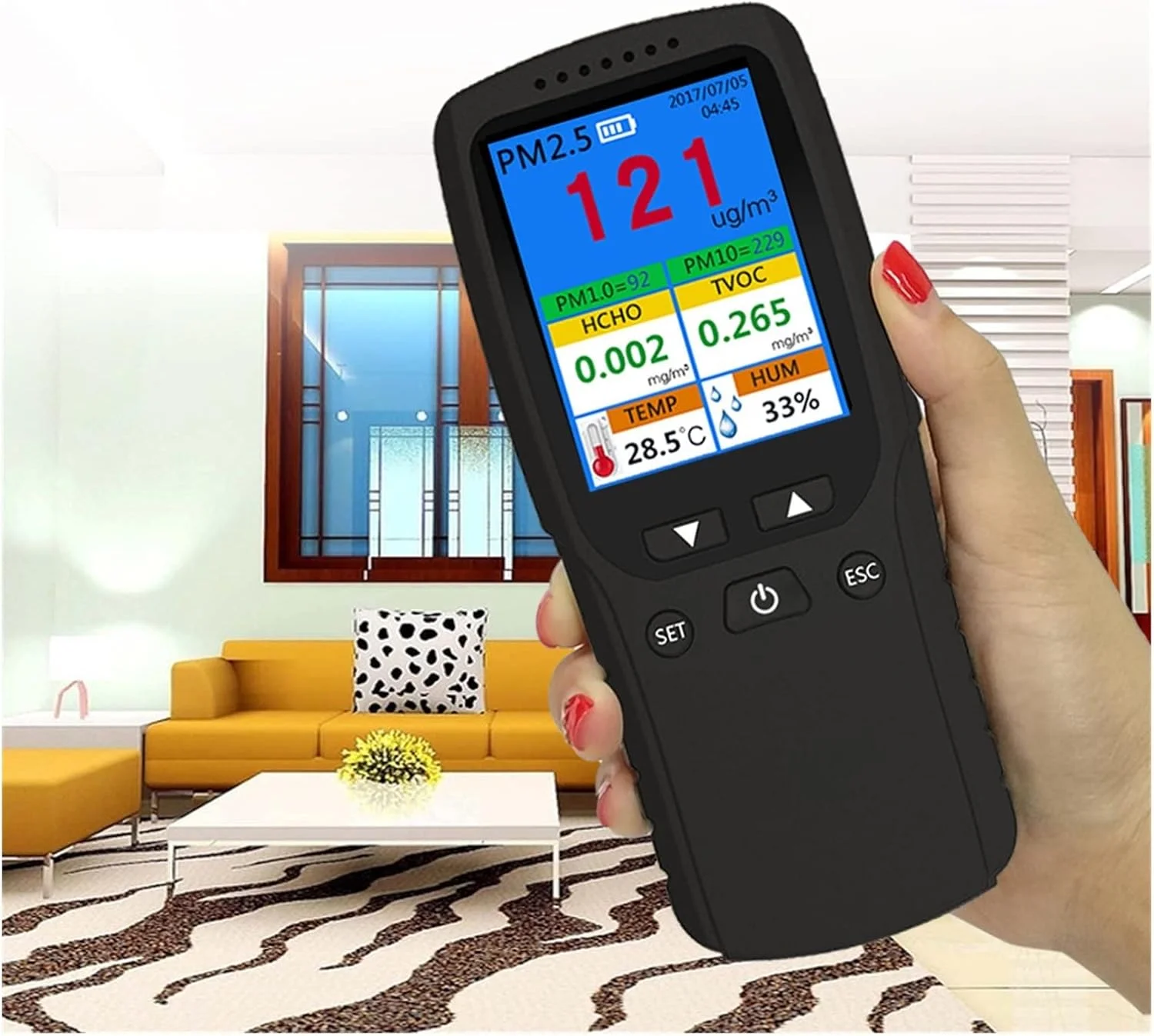 صفحه نمایش کیفیت هوا GHQERTY 8 در 1، ردیاب فرمالدئید، اندازه گیری حرفه ای فرمالدئید PM2.5/TVOC/HCHO، دما و رطوبت صفحه نمایش کیفیت هوا GHQERTY 8 در 1، ردیاب فرمالدئید، اندازه گیری حرفه ای فرمالدئید PM2.5/TVOC/HCHO، دما و رطوبت