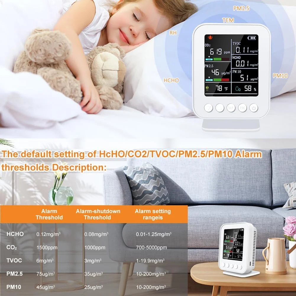 دستگاه سنجش کیفیت هوا چند منظوره 7 در 1 Irovami، تستر خانگی HCHO TVOC دی اکسید کربن PM2.5 PM10، دما و رطوبت قابل حمل دستگاه سنجش کیفیت هوا چند منظوره 7 در 1 Irovami، تستر خانگی HCHO TVOC دی اکسید کربن PM2.5 PM10، دما و رطوبت قابل حمل