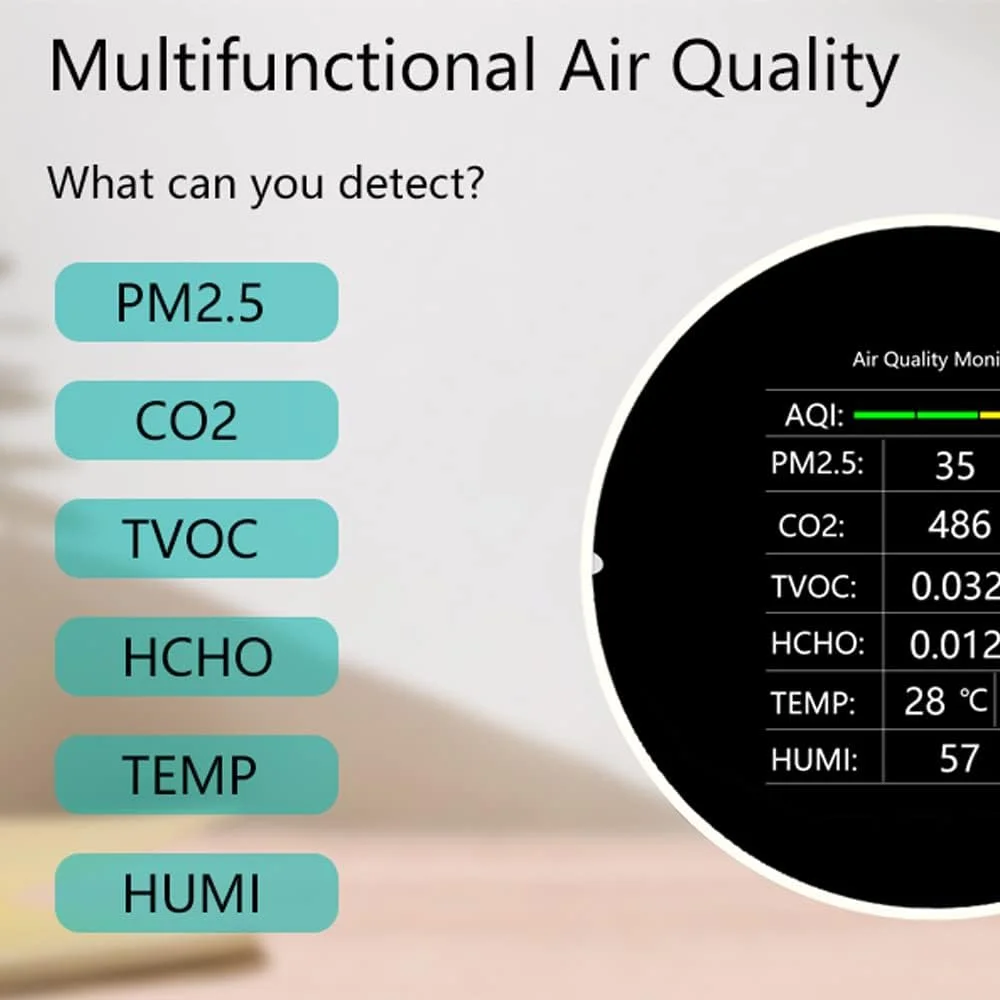 دستگاه سنجش کیفیت هوا چند منظوره ایرووامی 7 در 1 PM2.5 TVOC CO2 HCHO دما رطوبت AQI مناسب منزل، میز کار، اداره، خودرو و فضای داخلی دستگاه سنجش کیفیت هوا چند منظوره ایرووامی 7 در 1 PM2.5 TVOC CO2 HCHO دما رطوبت AQI مناسب منزل، میز کار، اداره، خودرو و فضای داخلی