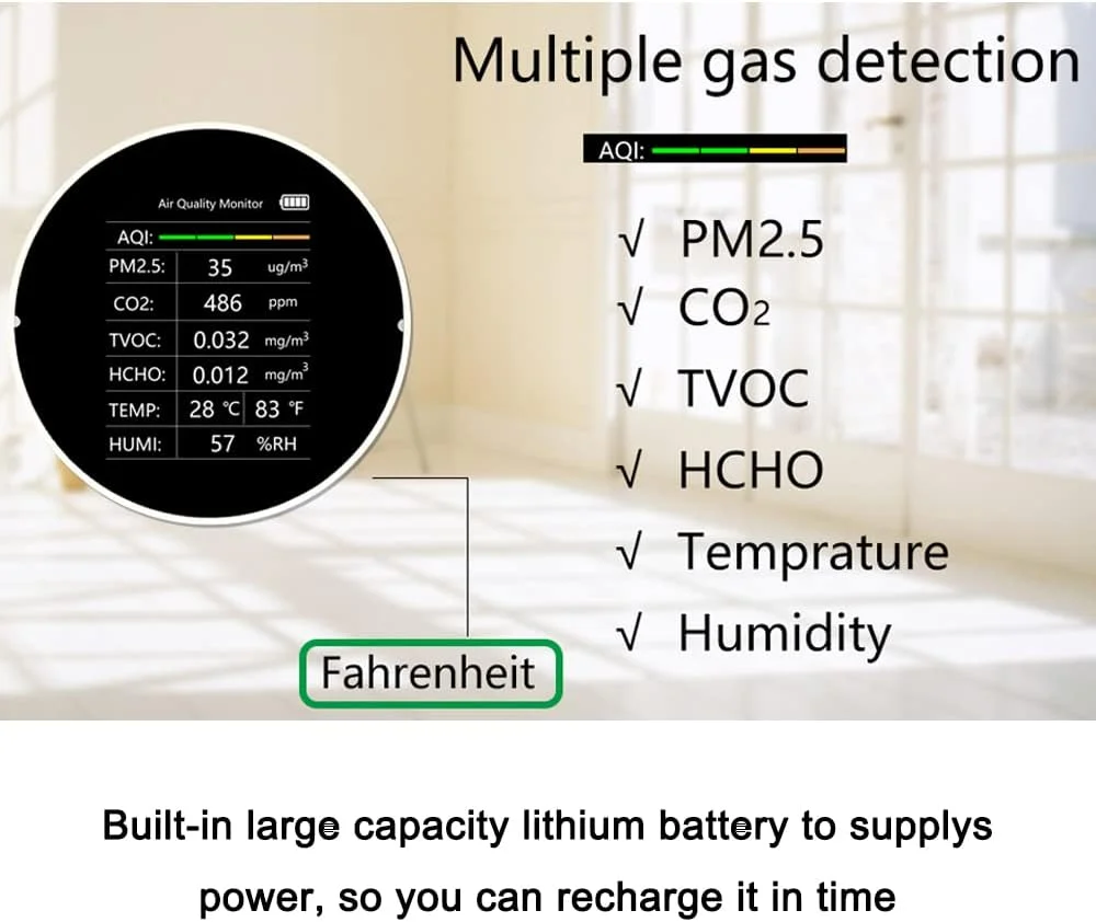 دستگاه سنجش کیفیت هوا چند منظوره ایرووامی 7 در 1 PM2.5 TVOC CO2 HCHO دما رطوبت AQI مناسب منزل، میز کار، اداره، خودرو و فضای داخلی دستگاه سنجش کیفیت هوا چند منظوره ایرووامی 7 در 1 PM2.5 TVOC CO2 HCHO دما رطوبت AQI مناسب منزل، میز کار، اداره، خودرو و فضای داخلی