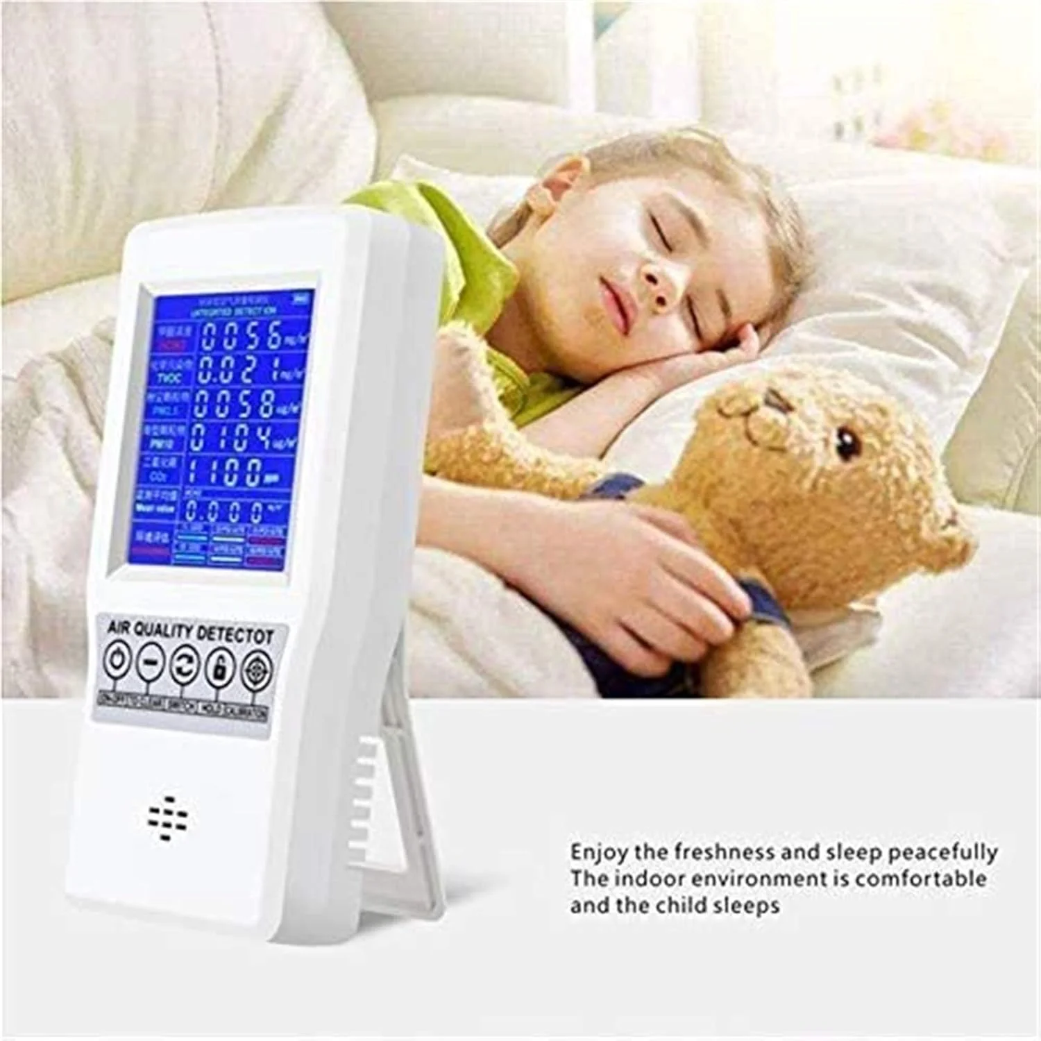 مانیتور کیفیت هوای JJJ برای CO2 PM2.5 فرمالدهید PM10 PM1.0 HCHO TVOC، آشکارساز هوا با صفحه نمایش LCD رنگی و آلارم، آشکارساز گاز (اندازه: 5 در 1) مانیتور کیفیت هوای JJJ برای CO2 PM2.5 فرمالدهید PM10 PM1.0 HCHO TVOC، آشکارساز هوا با صفحه نمایش LCD رنگی و آلارم، آشکارساز گاز (اندازه: 5 در 1)