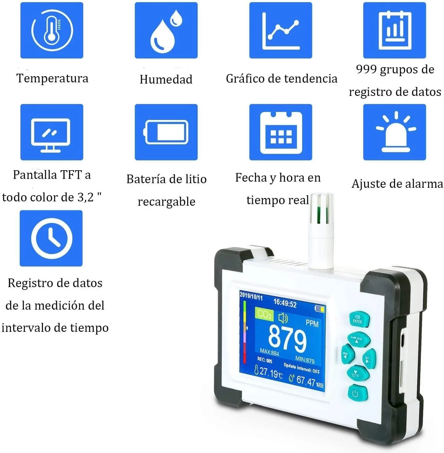 دستگاه سنجش CO2 مدل JJJ، ردیاب دی اکسید کربن با صفحه نمایش رنگی 3.2 اینچی TFT، ردیاب کیفیت هوا به همراه کیف نگهداری و باتری قابل شارژ داخلی دستگاه سنجش CO2 مدل JJJ، ردیاب دی اکسید کربن با صفحه نمایش رنگی 3.2 اینچی TFT، ردیاب کیفیت هوا به همراه کیف نگهداری و باتری قابل شارژ داخلی