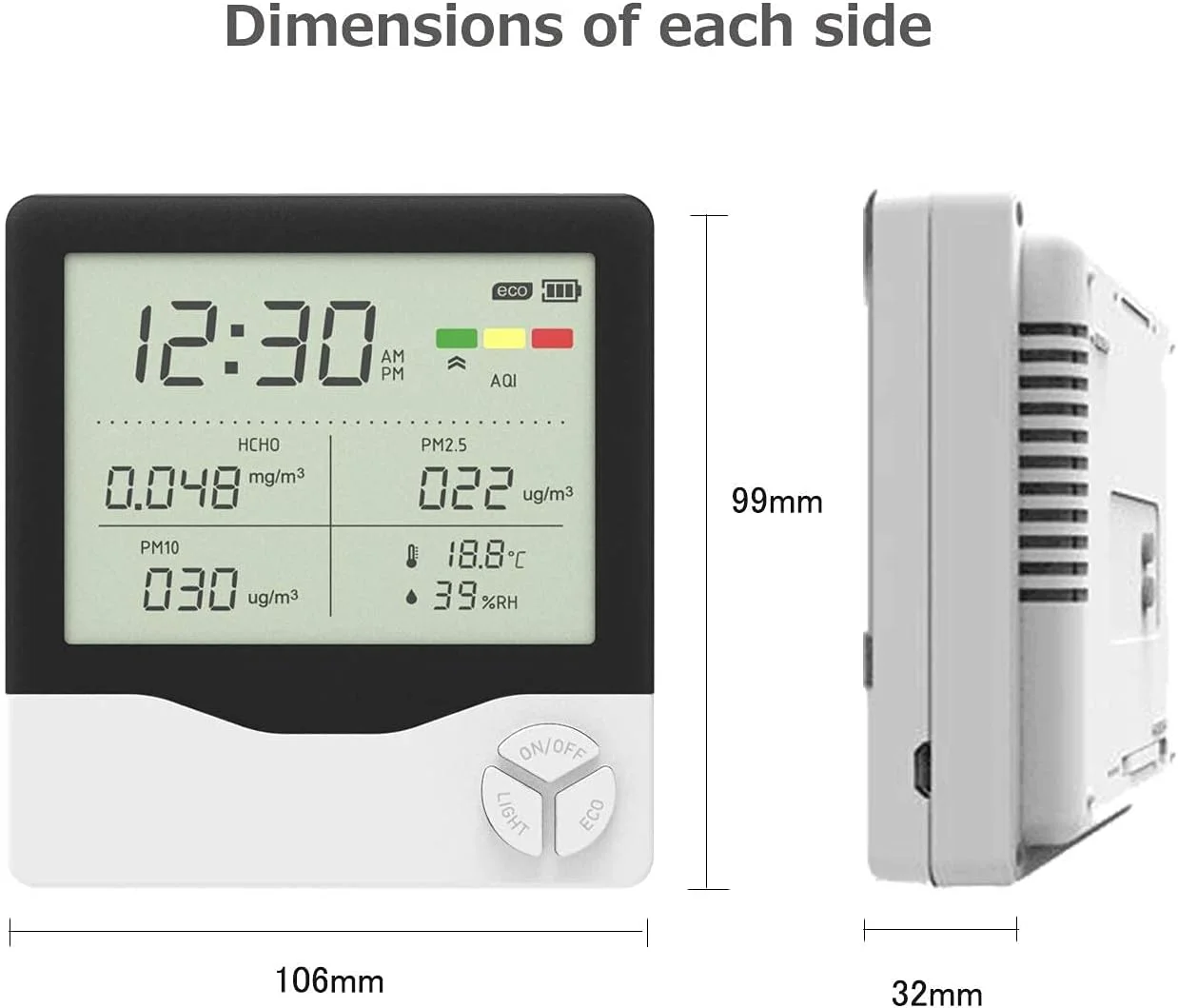 دستگاه سنجش کیفیت هوا JJJ برای PM2.5/PM10 HCHO AQI دما و رطوبت با ساعت زنگ دار، آشکارساز هوای چند منظوره حرفه ای با صفحه نمایش LCD دستگاه سنجش کیفیت هوا JJJ برای PM2.5/PM10 HCHO AQI دما و رطوبت با ساعت زنگ دار، آشکارساز هوای چند منظوره حرفه ای با صفحه نمایش LCD