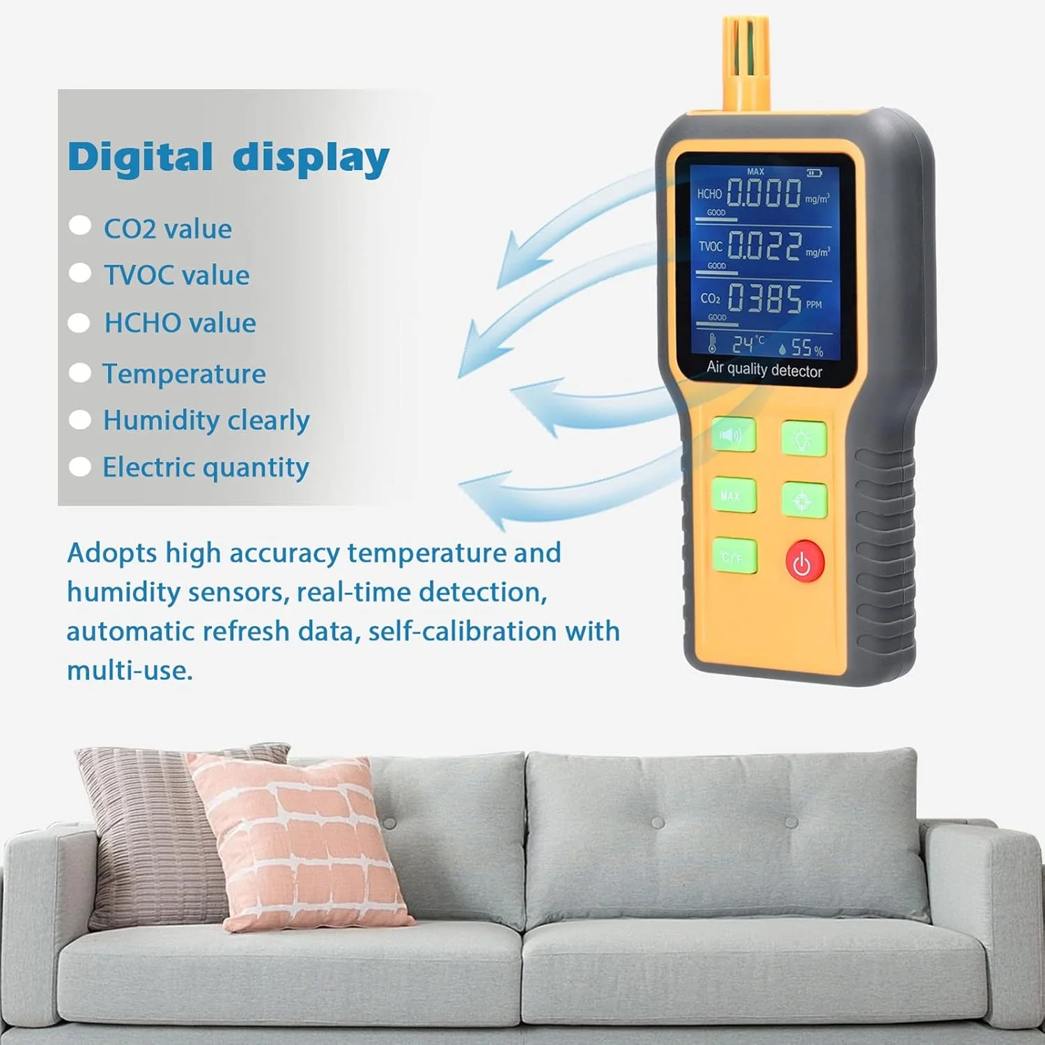 تستر کیفیت هوا چند منظوره خانگی Joleritc با صفحه نمایش LCD، سنسورهای دما/رطوبت، تست CO2، نمایشگر دی اکسید کربن، TVOC، مقدار HCHO، قابلیت خود کالیبراسیون با عملکرد هشدار تستر کیفیت هوا چند منظوره خانگی Joleritc با صفحه نمایش LCD، سنسورهای دما/رطوبت، تست CO2، نمایشگر دی اکسید کربن، TVOC، مقدار HCHO، قابلیت خود کالیبراسیون با عملکرد هشدار