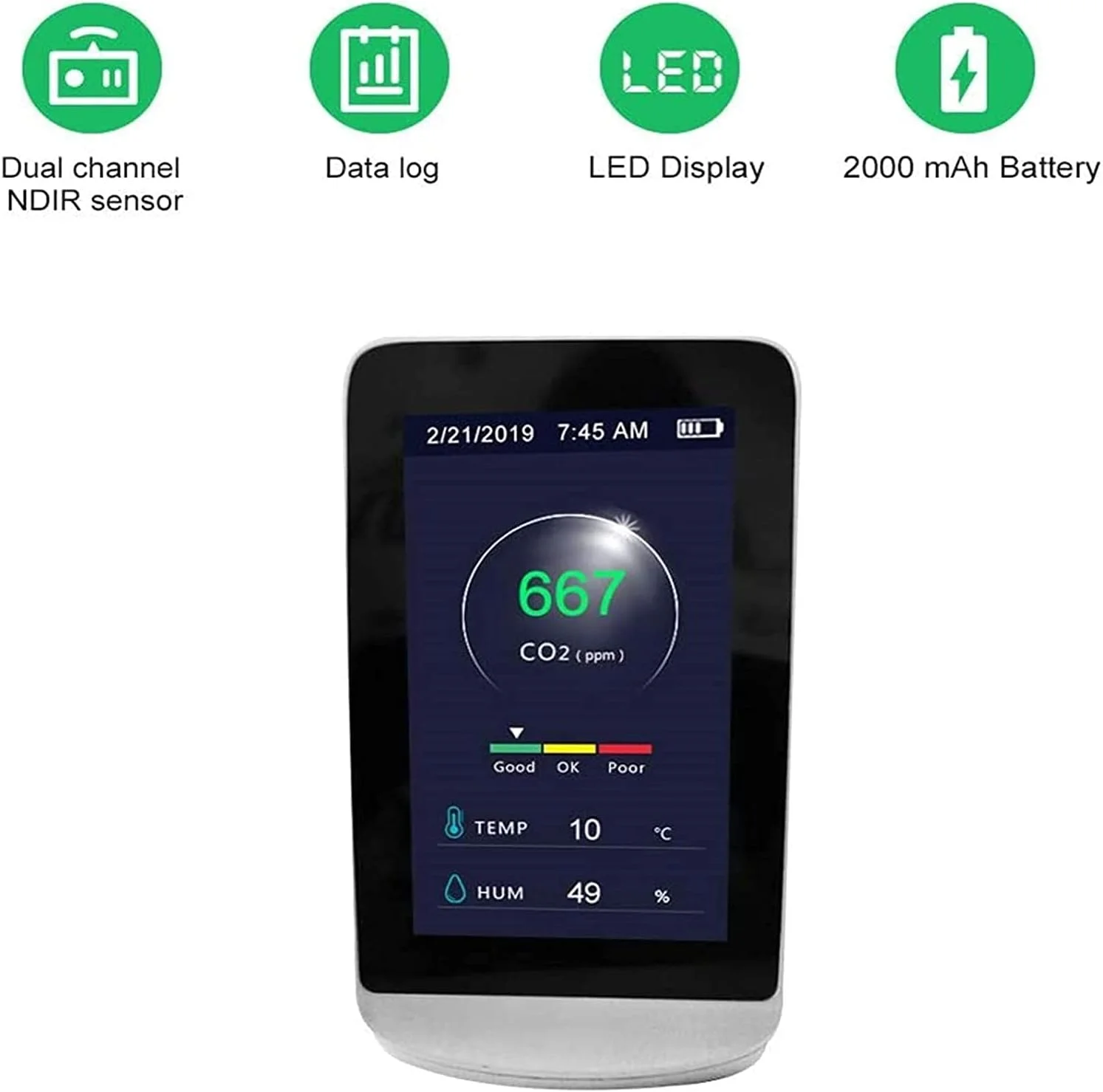 مانیتور کیفیت هوای دی اکسید کربن JJJ، تستر سنجش آلودگی داخلی، دما و رطوبت به صورت لحظه ای مانیتور کیفیت هوای دی اکسید کربن JJJ، تستر سنجش آلودگی داخلی، دما و رطوبت به صورت لحظه ای